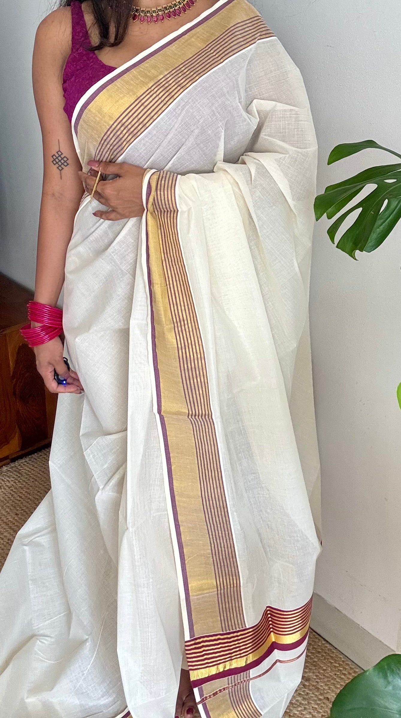 Ivory and gold soft cotton saree, purple border - YCIEON76