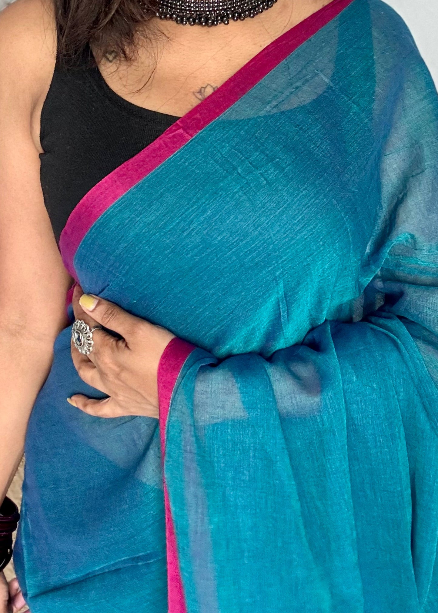 Peacock blue with dark pink border mul cotton saree - YCBCMCFE225
