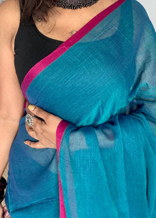 Peacock blue with dark pink border mul cotton saree - YCBCMCFE225