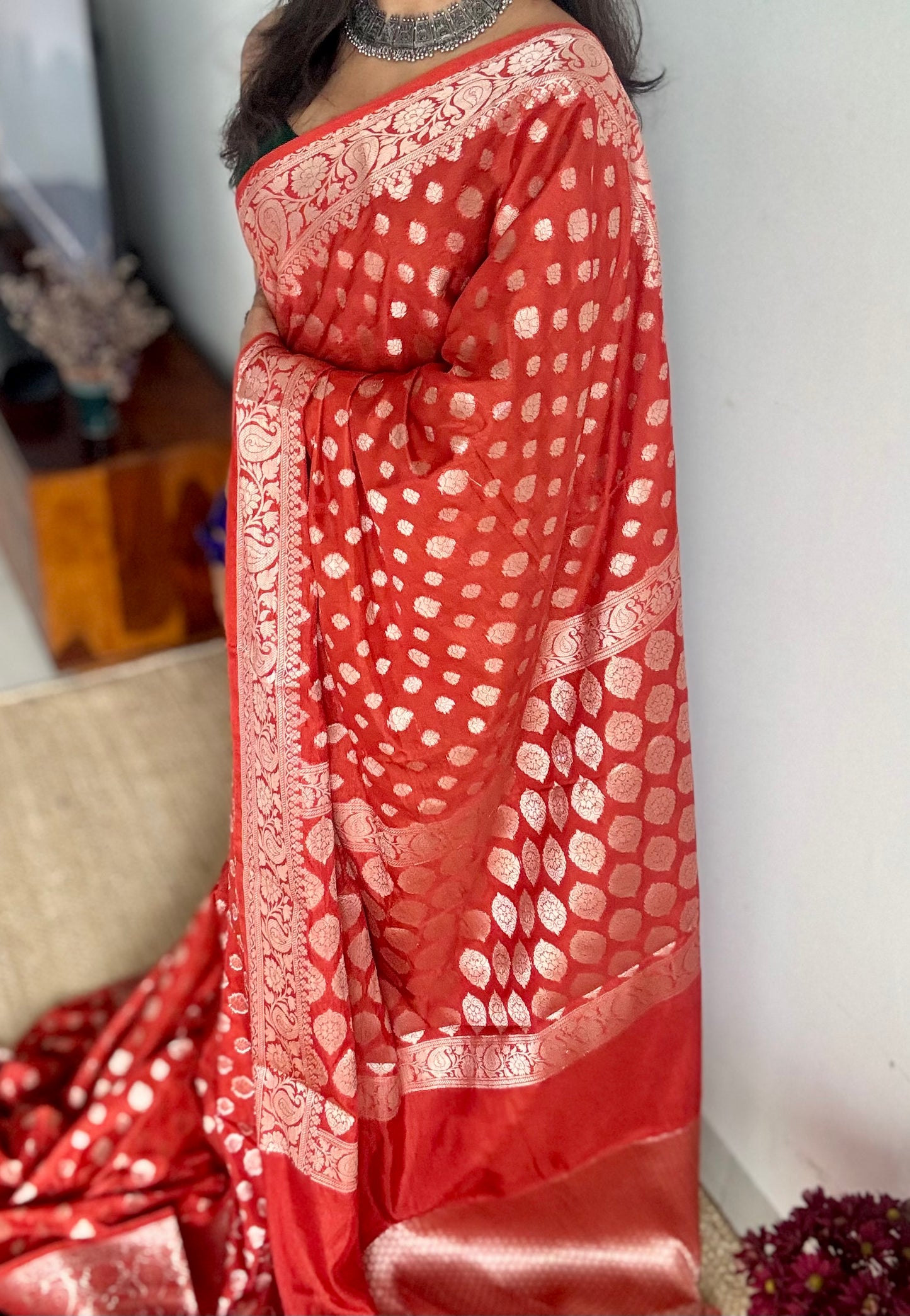 Burnt red, silver buttas and zari, Banarasi semi-silk - YCDESE36