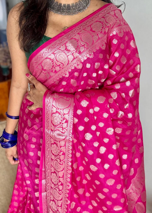 Hot pink, silver buttas and zari, Banarasi semi-silk - YCDESE42
