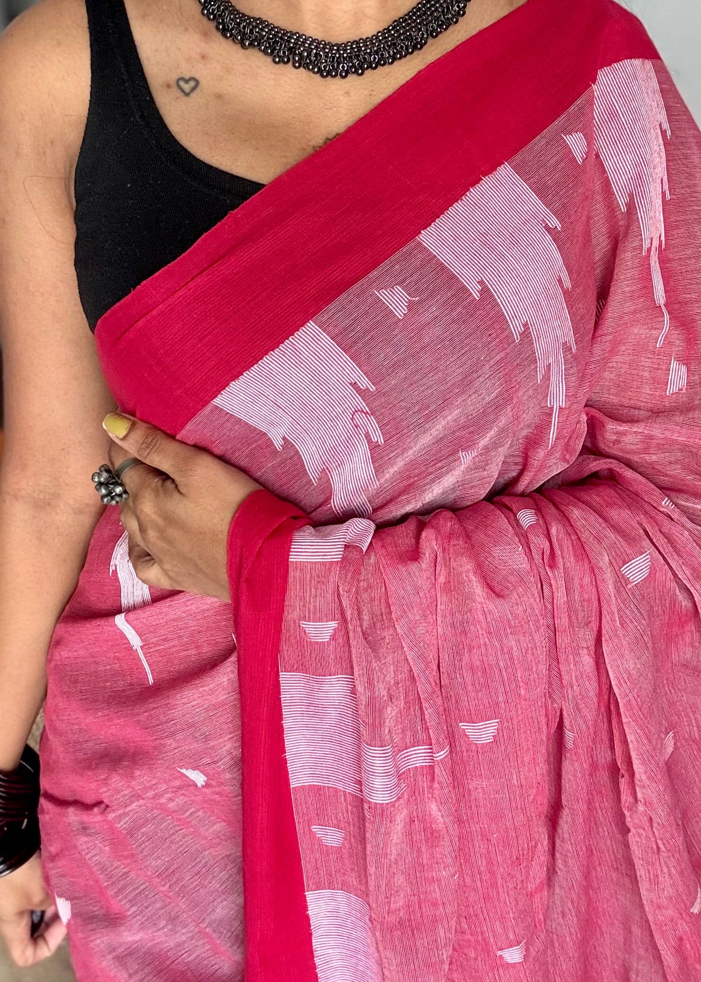 Muted red with dark red borders, temple motif woven threadwork, soft cotton - YCBCMKCDE29