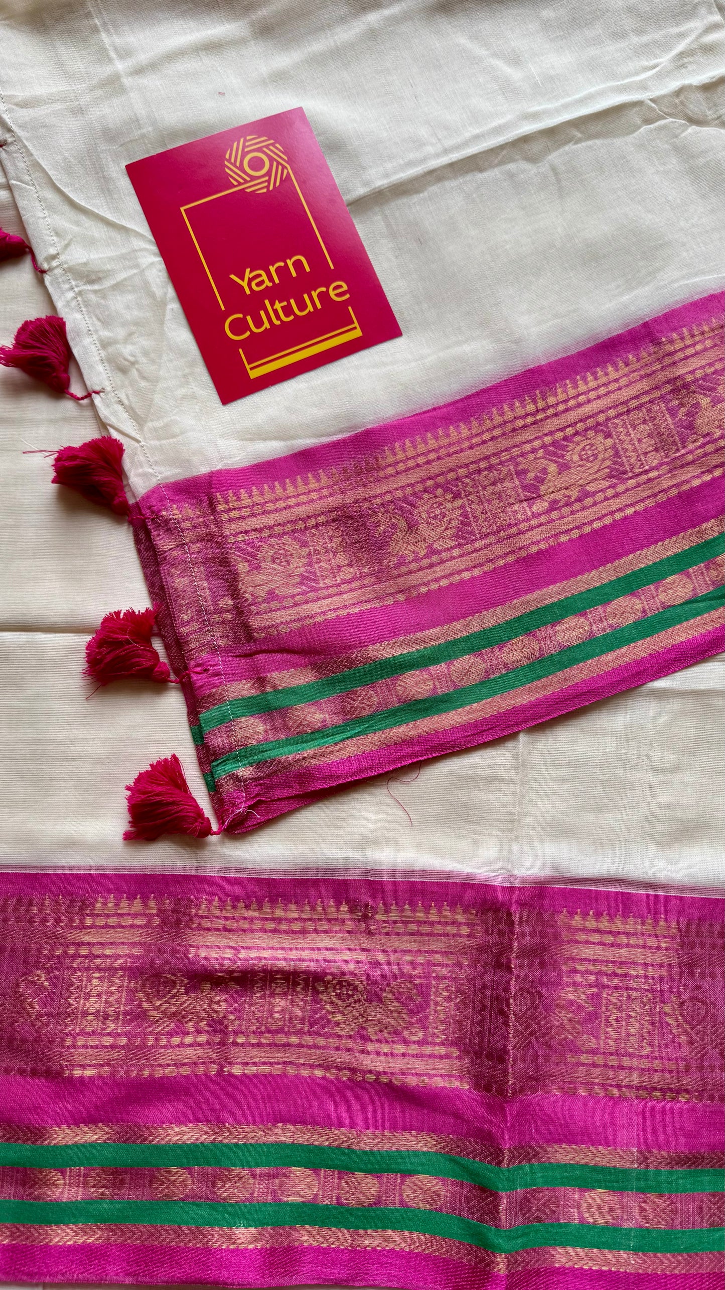 Ivory mul saree, magenta and green kanchi border - YCIEON10