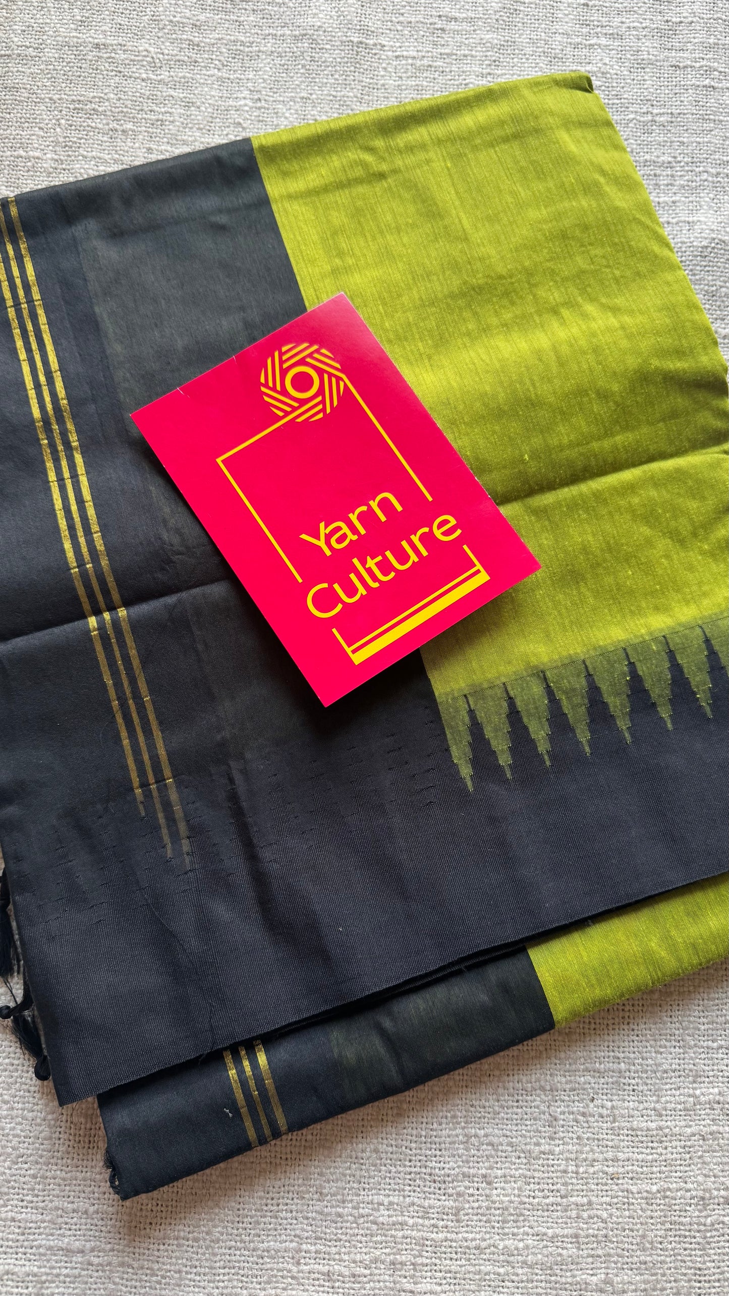 Lime green with black contrast, temple border saree, cotton silk - YCCOTNTBFE60