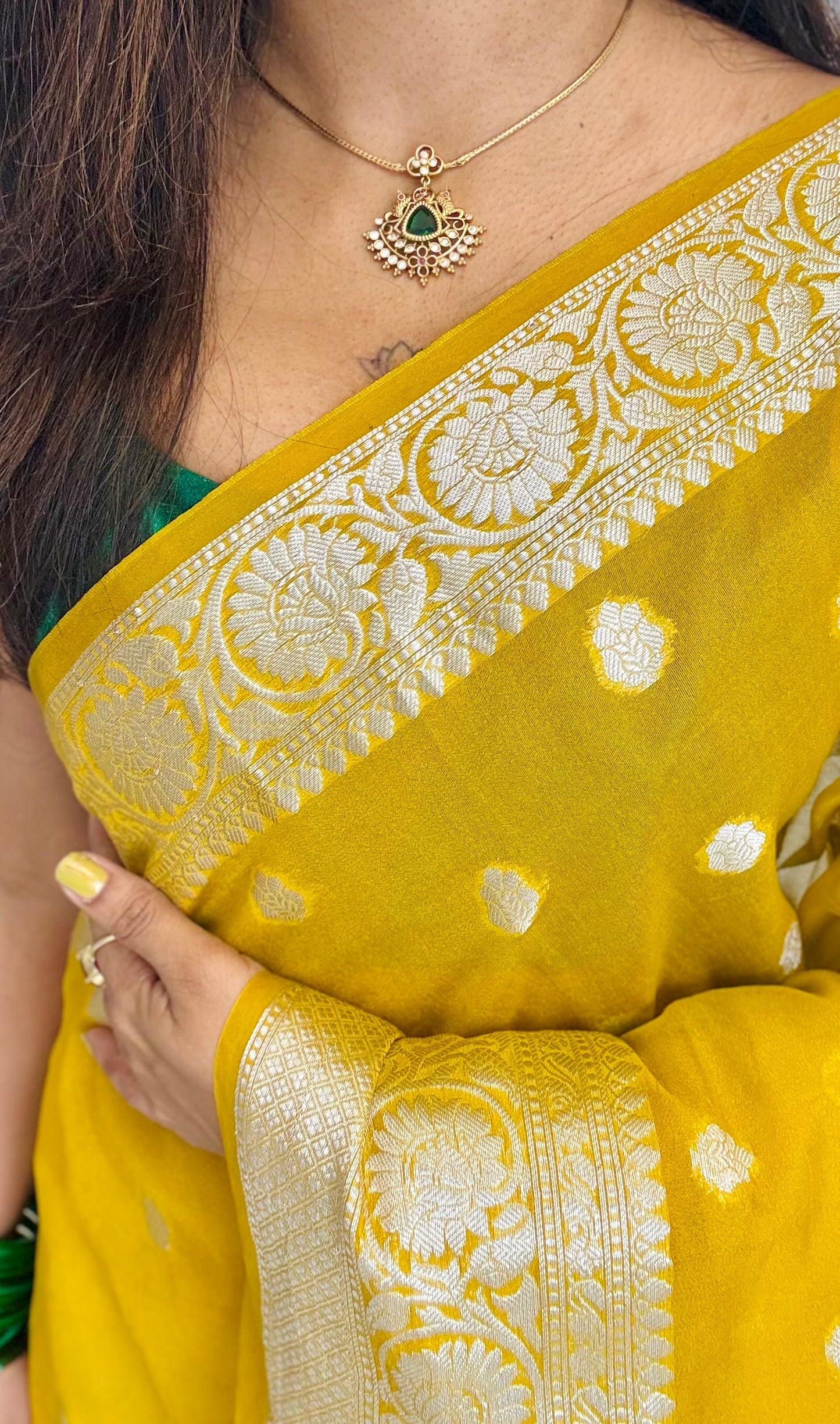 Green, white, ruby stone pendant neckpiece, with earrings - YCGPNP674