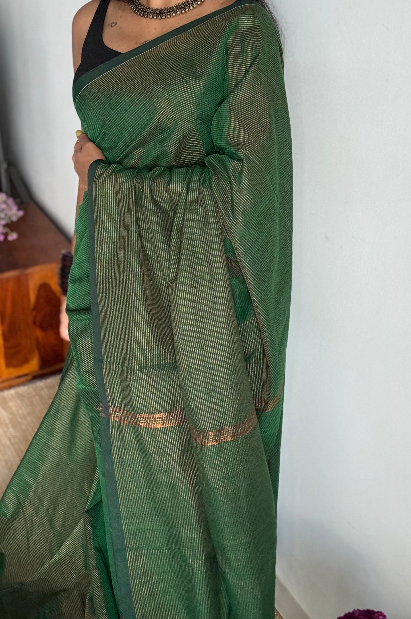 Dark green, gold zari stripes, soft cotton - YCBCKCZDE107