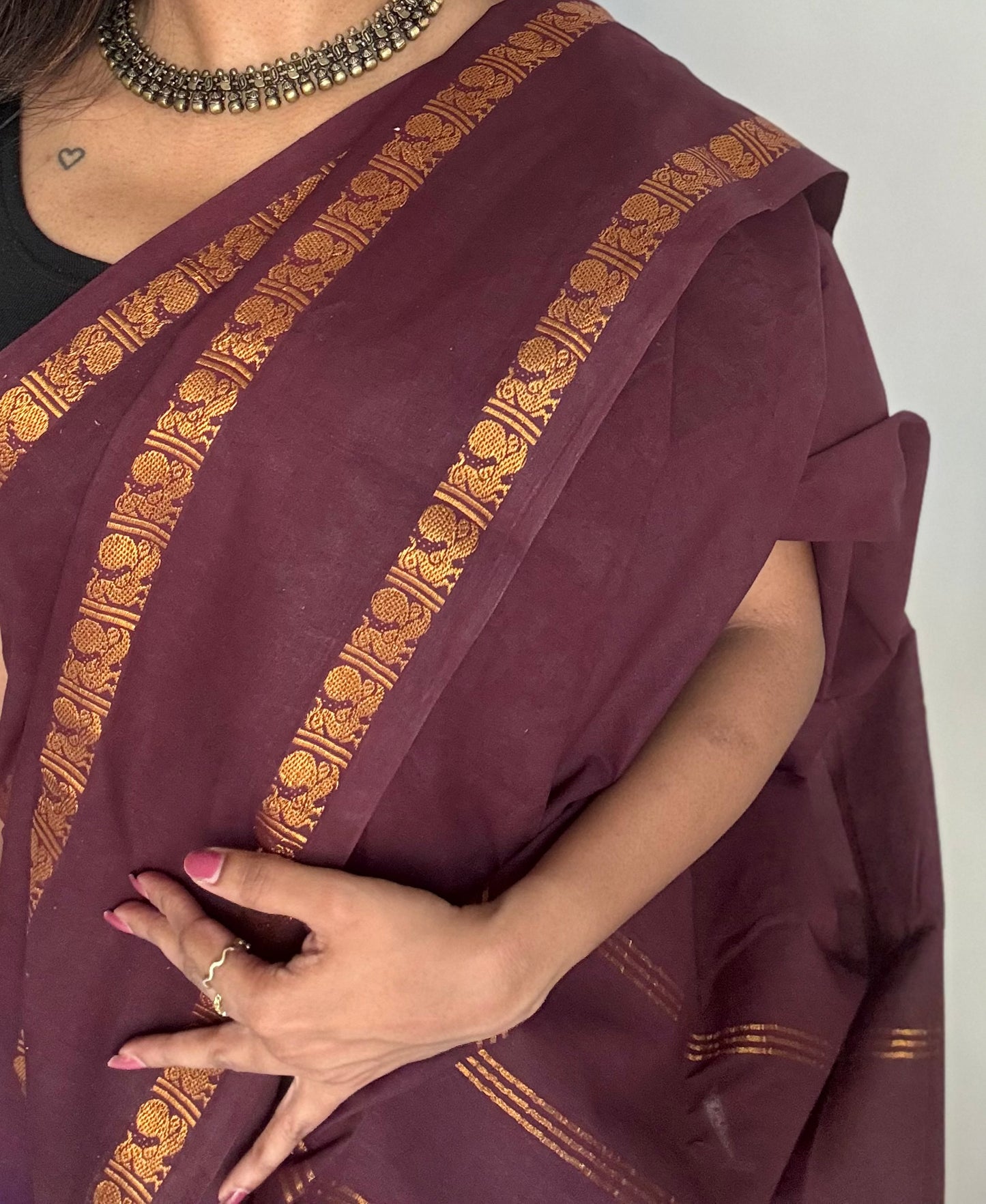 Coffee brown rettaipettu peacock gap border, kattuchayam dyed madurai cotton saree  - YCCOTNMSAP99
