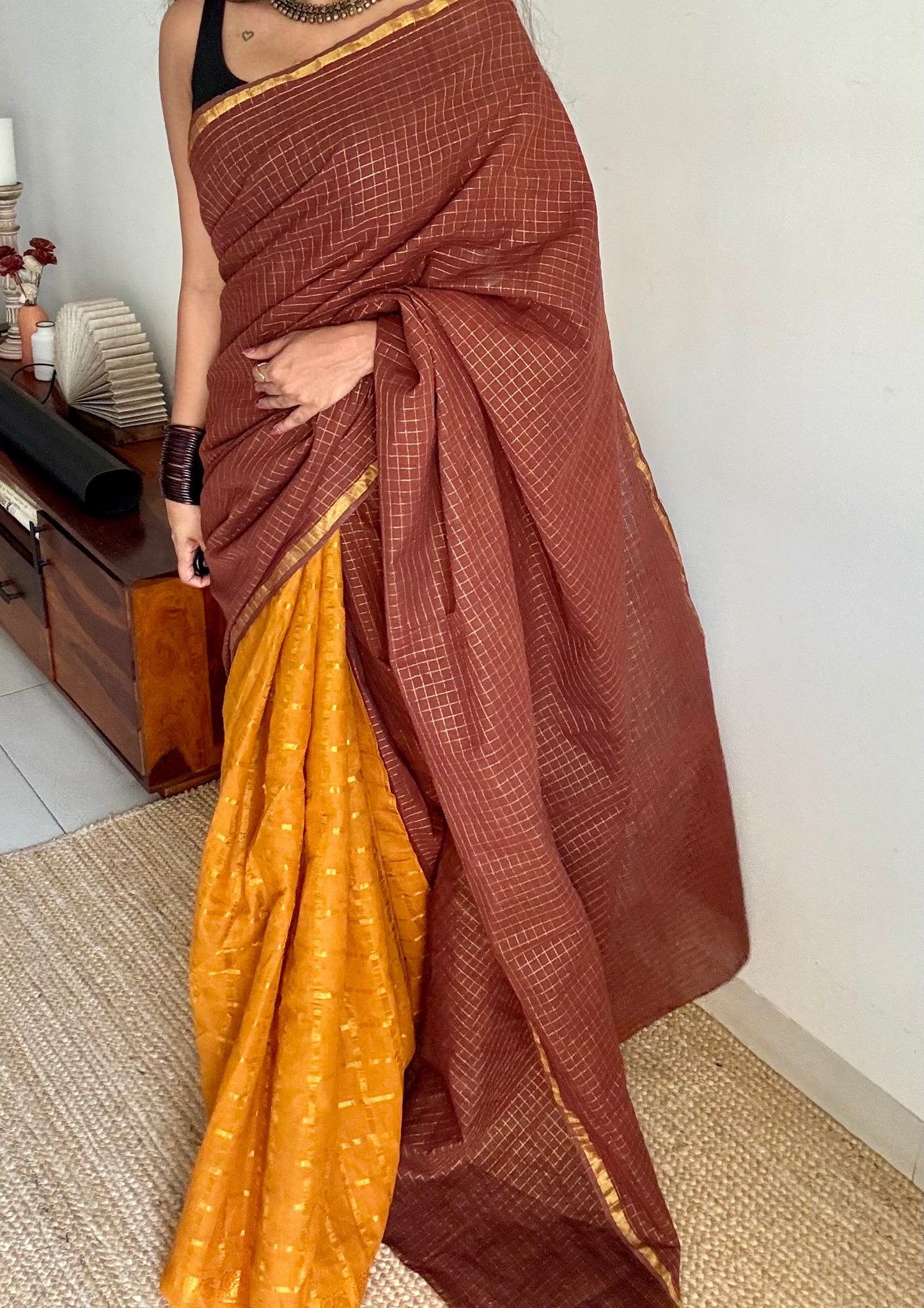 Brown with turmeric yellow, sungudi cotton half-half saree - YCCOTNIDMA315