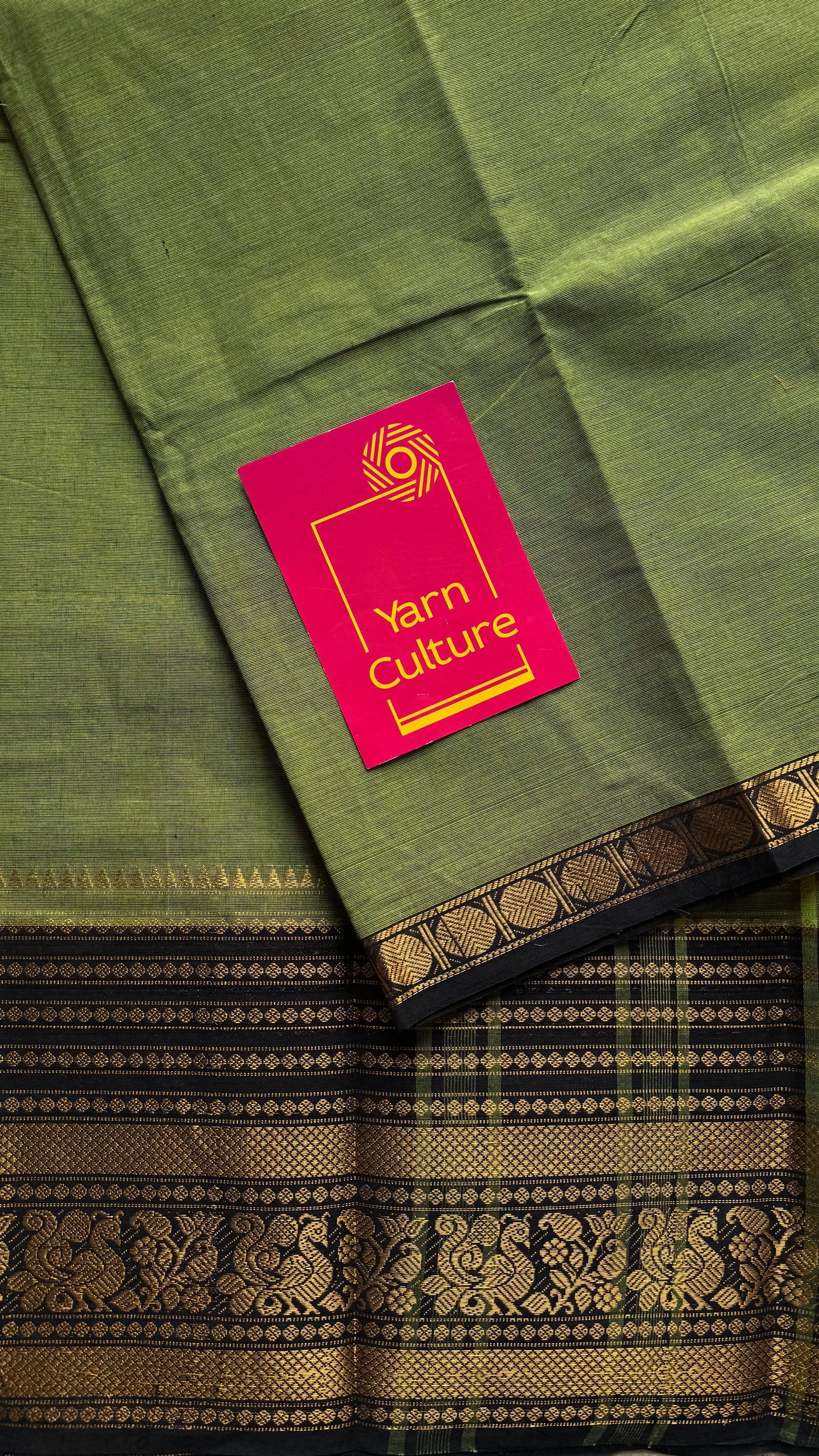 Light green with black wide contrast border, kanchi cotton - YCCOTNKCDE84