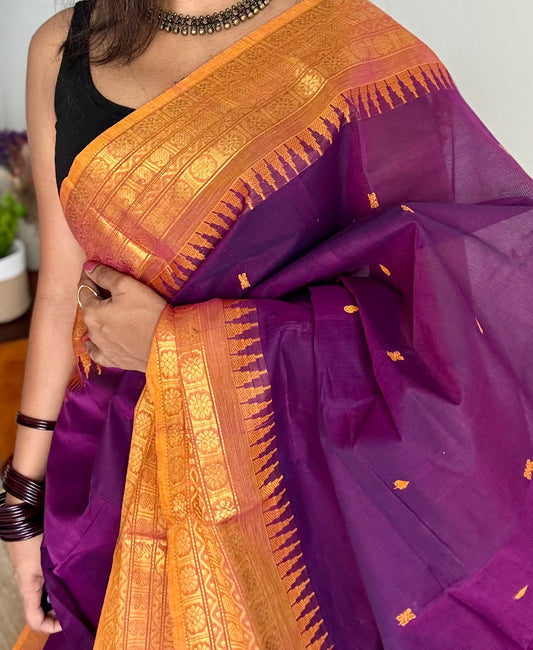 Kanchi cotton saree, purple with turmeric yellow border - YCCOTNAP87