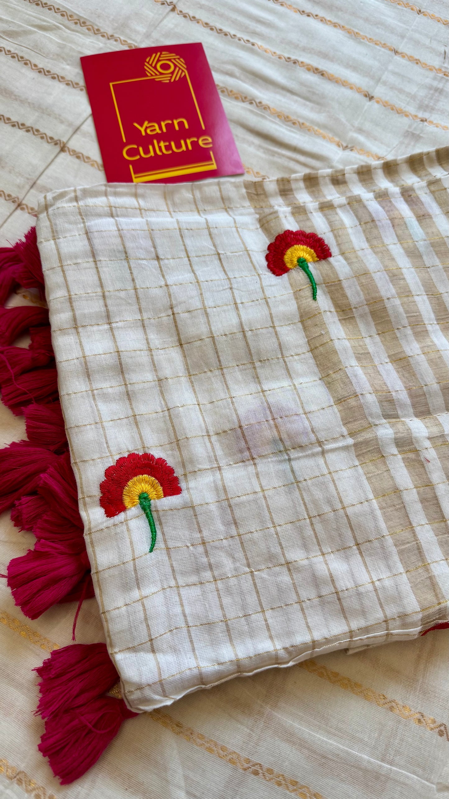 Ivory mul saree, checkered with floral embroidery - YCIEON28