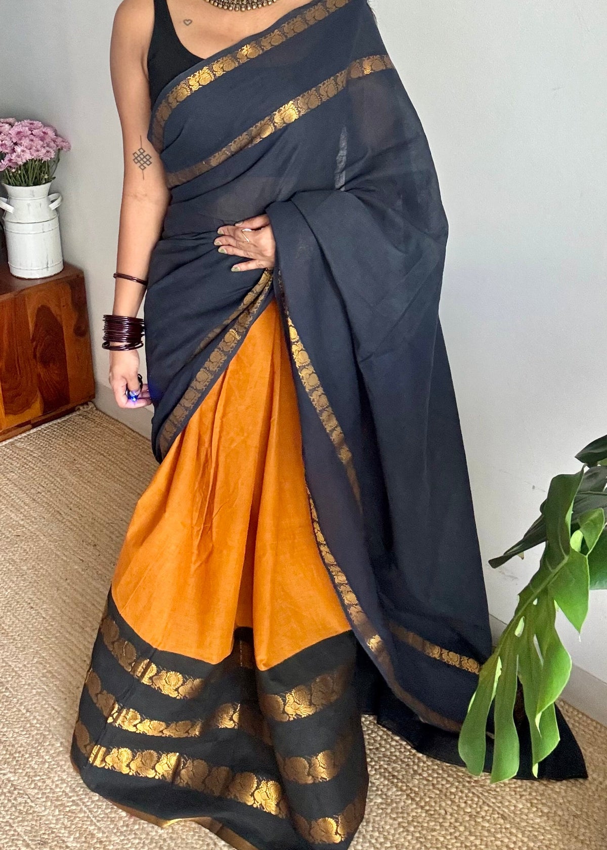 Black with turmeric yellow, cotton half and half saree - YCCOTNIDOC139