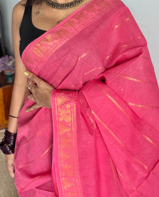 Peach pink velthaari patterned kattuchayam dyed madurai cotton saree - YCCOTNMSFE135