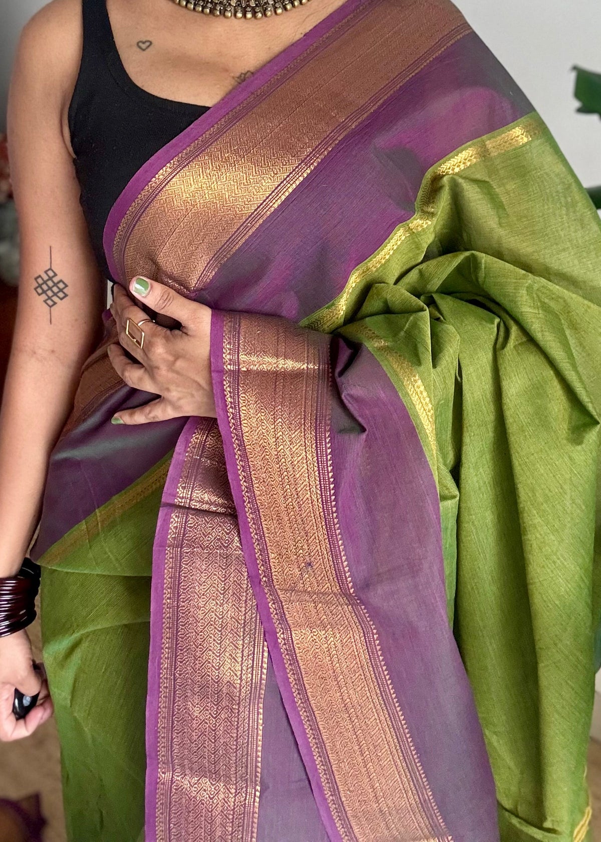 Green with wine gap zari border, kanchi cotton saree - YCCOTNCCOC113