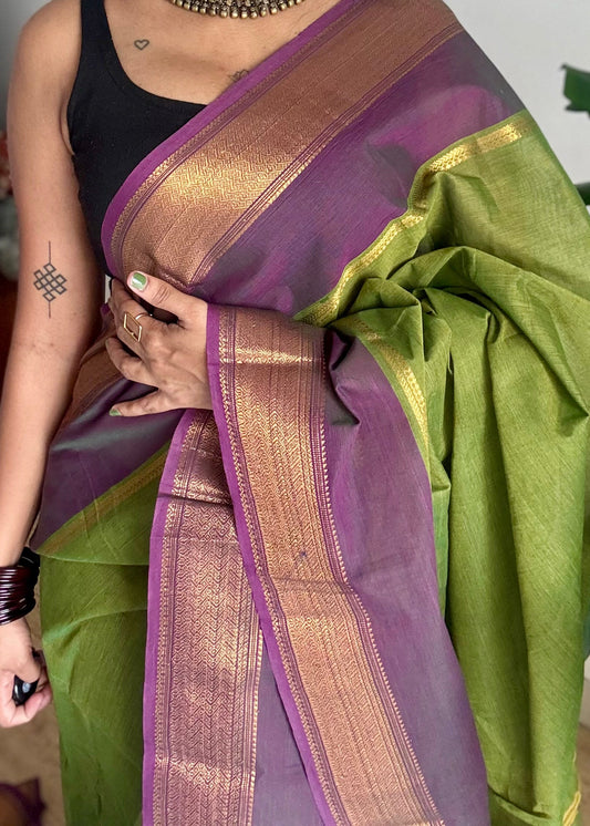 Green with wine gap zari border, kanchi cotton saree - YCCOTNCCOC113