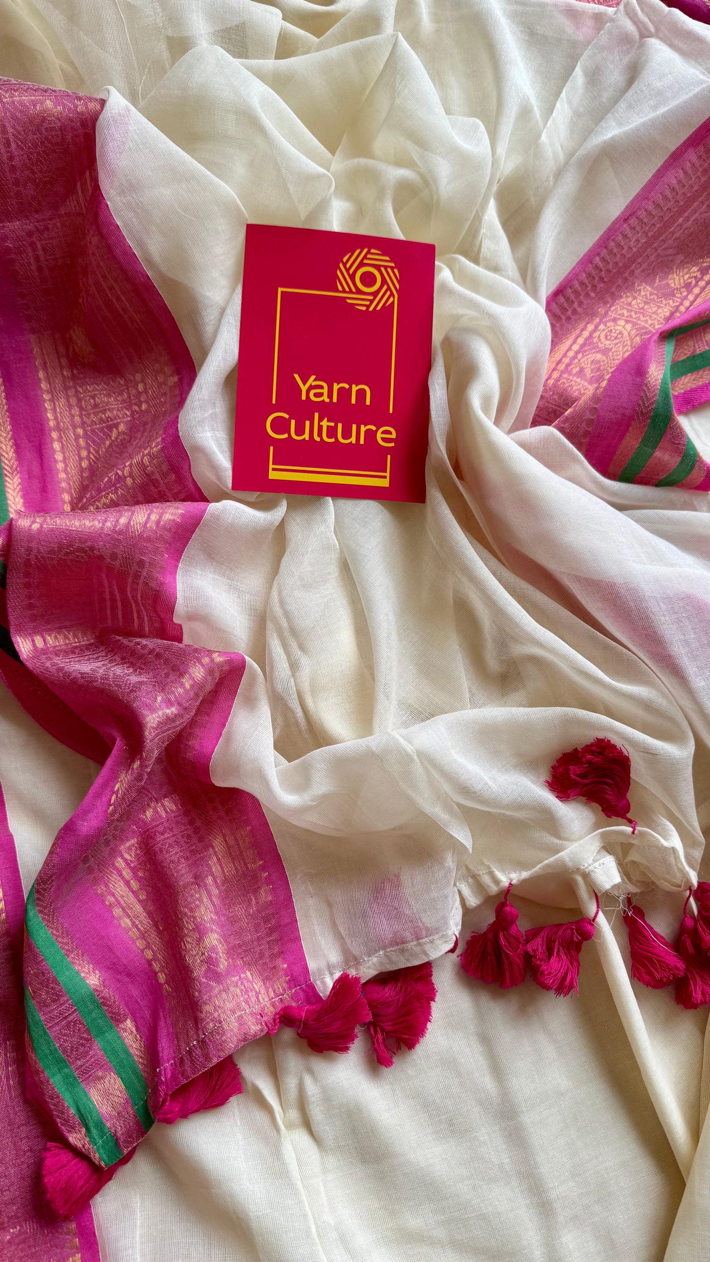 Ivory mul saree, magenta and green kanchi border - YCIEON10