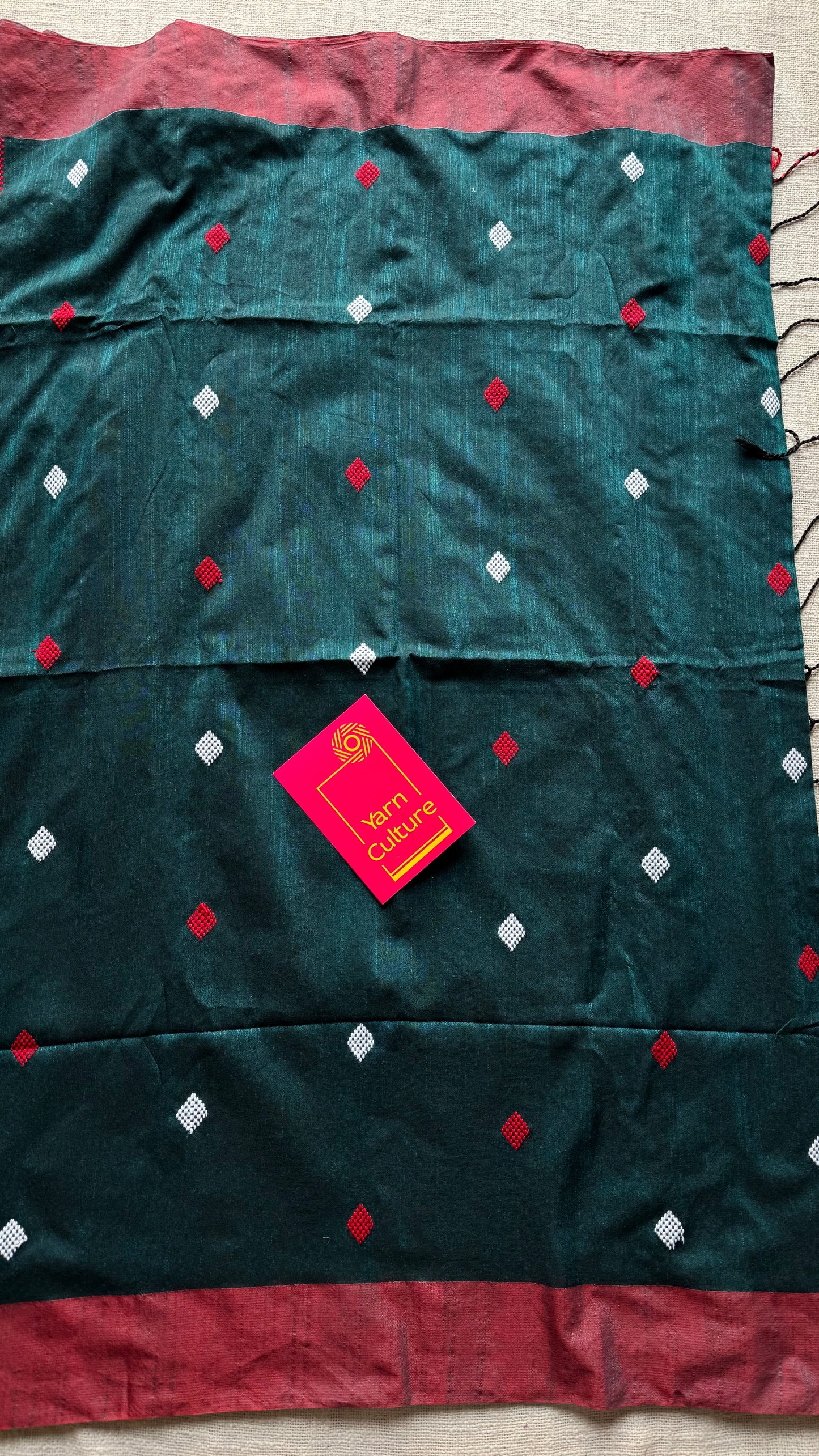 Peacock green with burnt red, soft khadi cotton with woven motifs - YCBCKCDE27