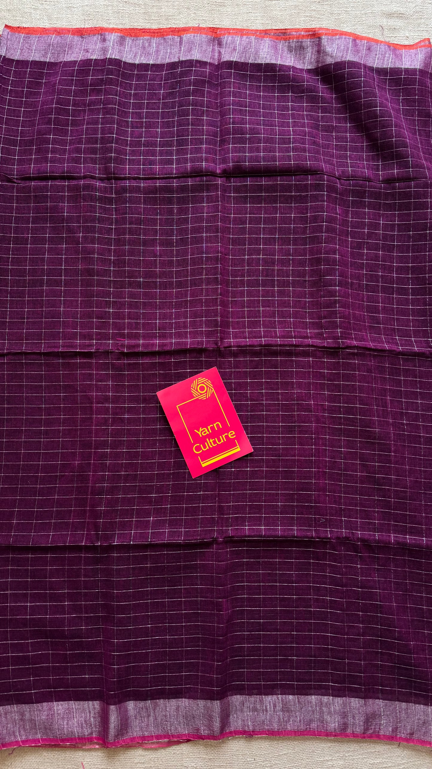 Wine linen by cotton saree, silver checks & zari pallu - YCBCLCFE391