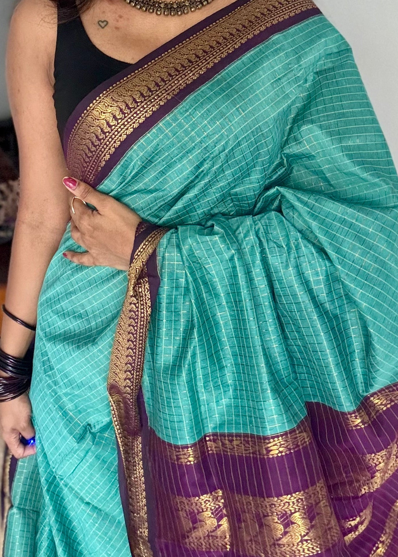 Turquoise with dark wine, checks - cotton silk - YCCOTNOCKC38