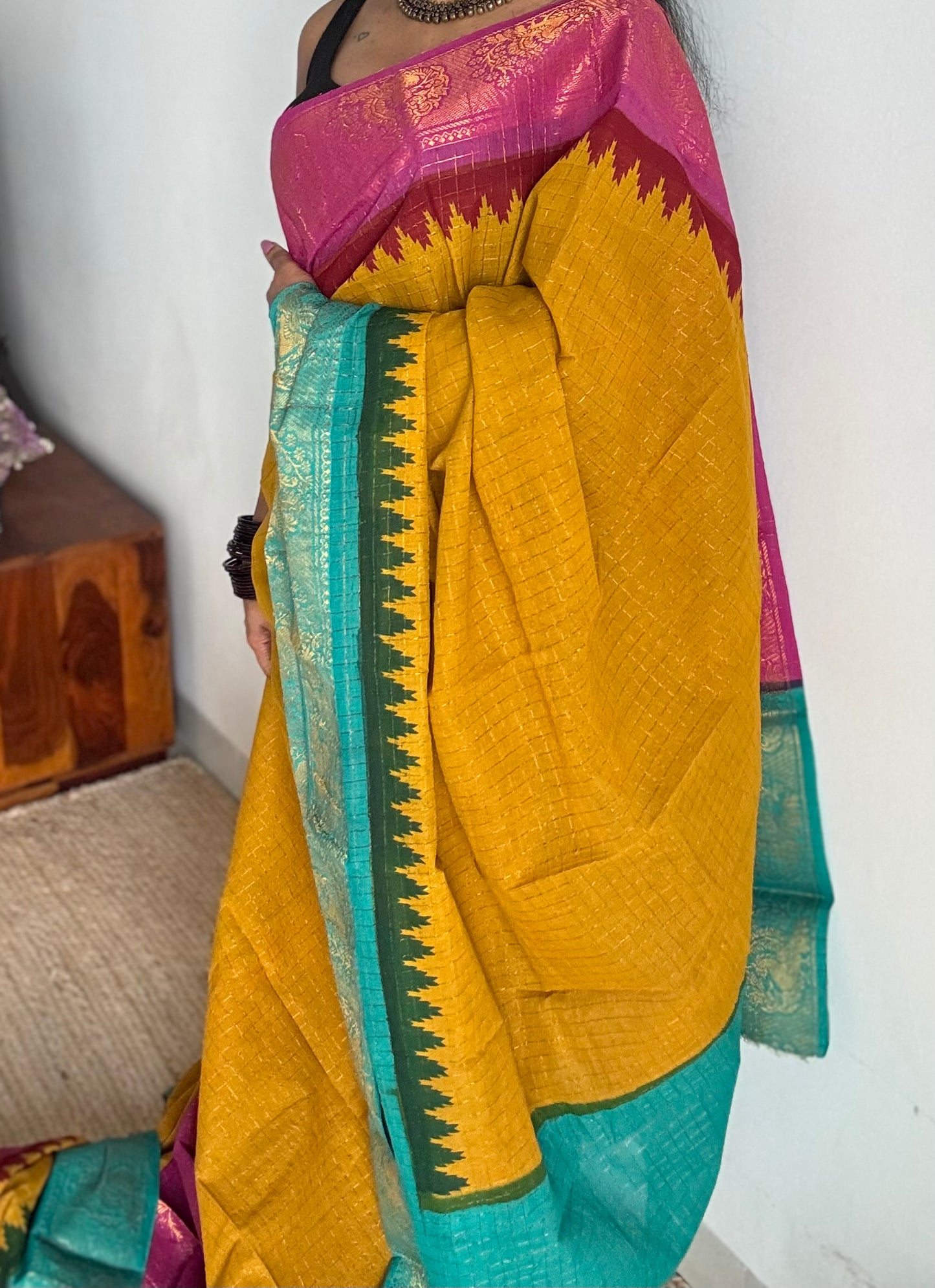 Sungudi cotton checks, mustard yellow base, turquoise and magenta dual tone border, soft cotton - YCCOTNGJJA179
