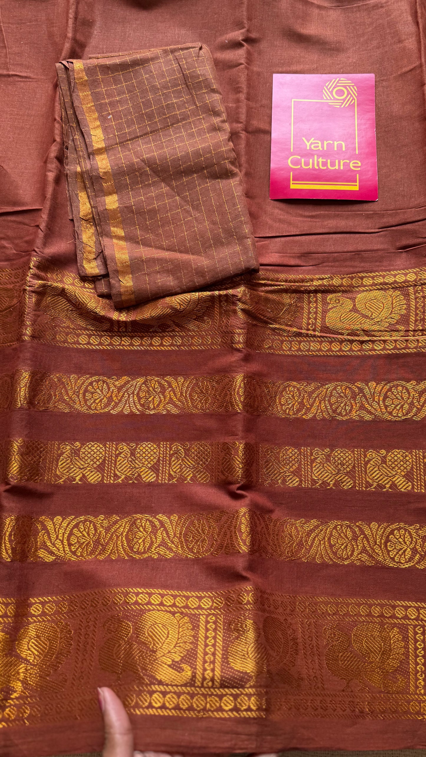 Brown long border sungudi, kattuchayam dyed madurai cotton - YCCOTNMSAP135