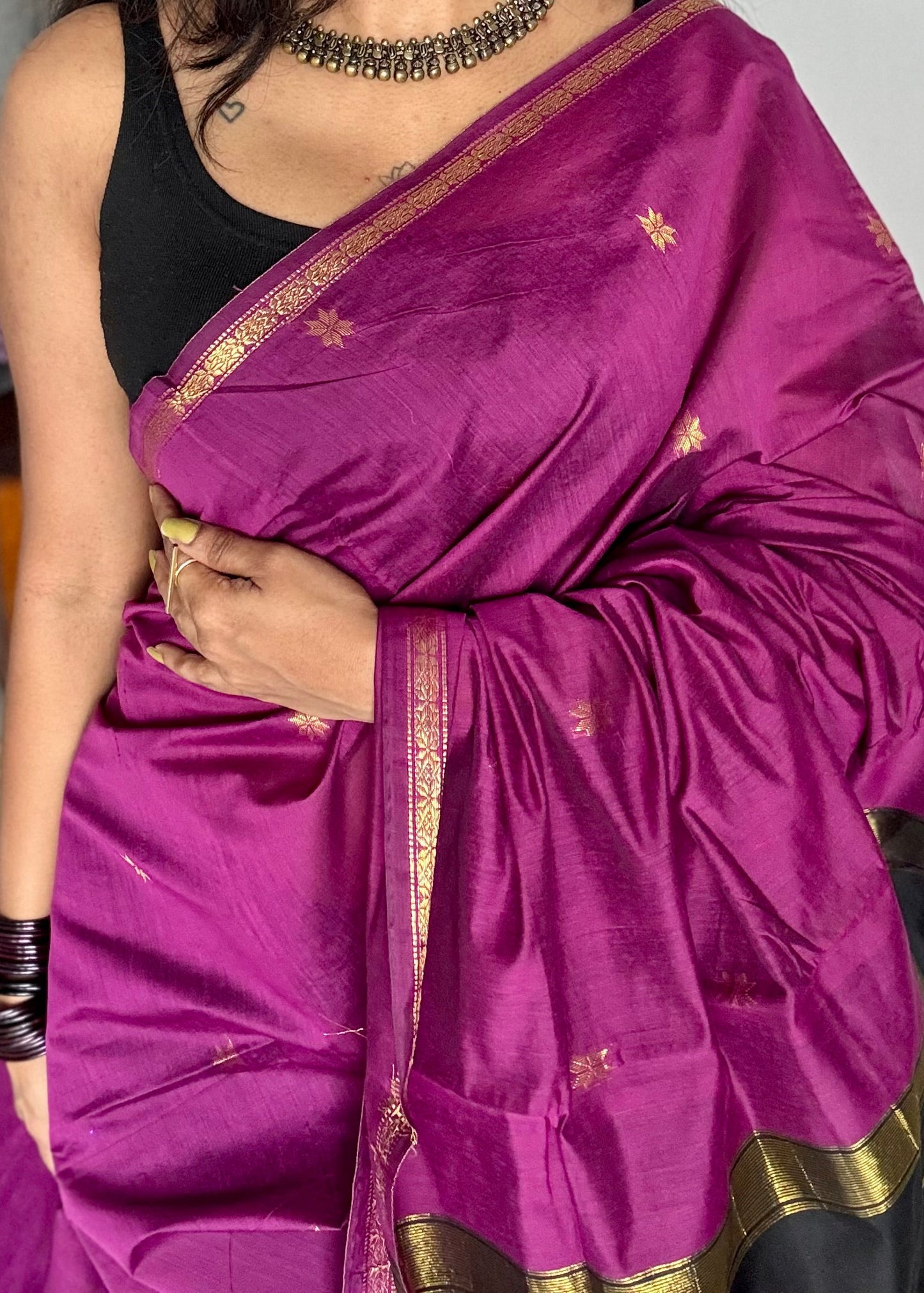 Grape wine with black, gold buttas, semi maheshwari cotton silk - YCCOTNCSDE86