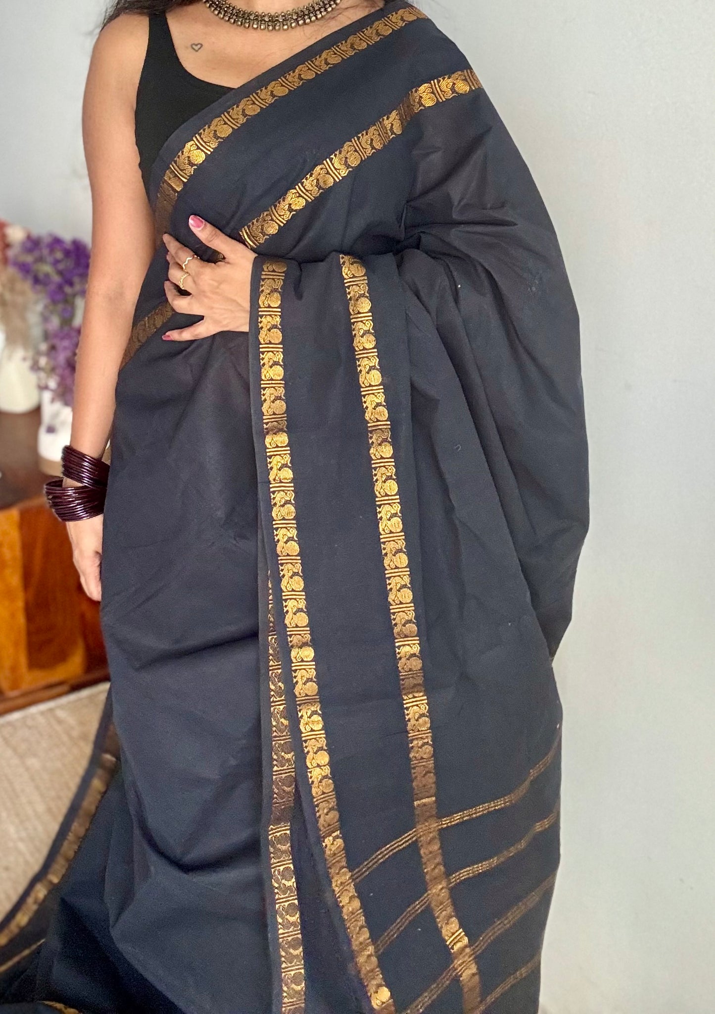 Black rettaipettu peacock gap border, kattuchayam dyed madurai cotton saree  - YCCOTNMSAP100