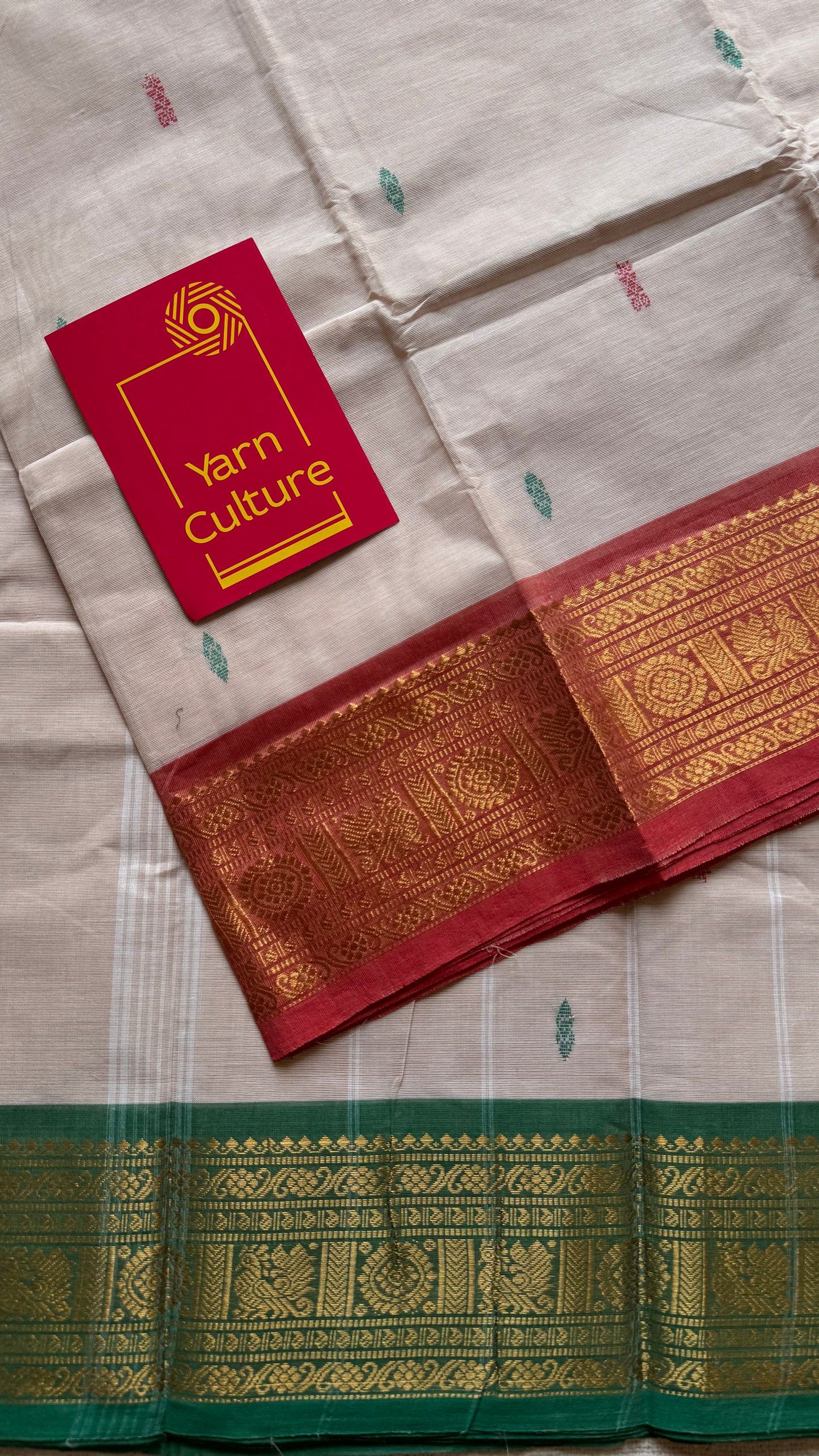 Beige with green pink and coral red contrast, kanchi cotton saree - YCCOTNMA327