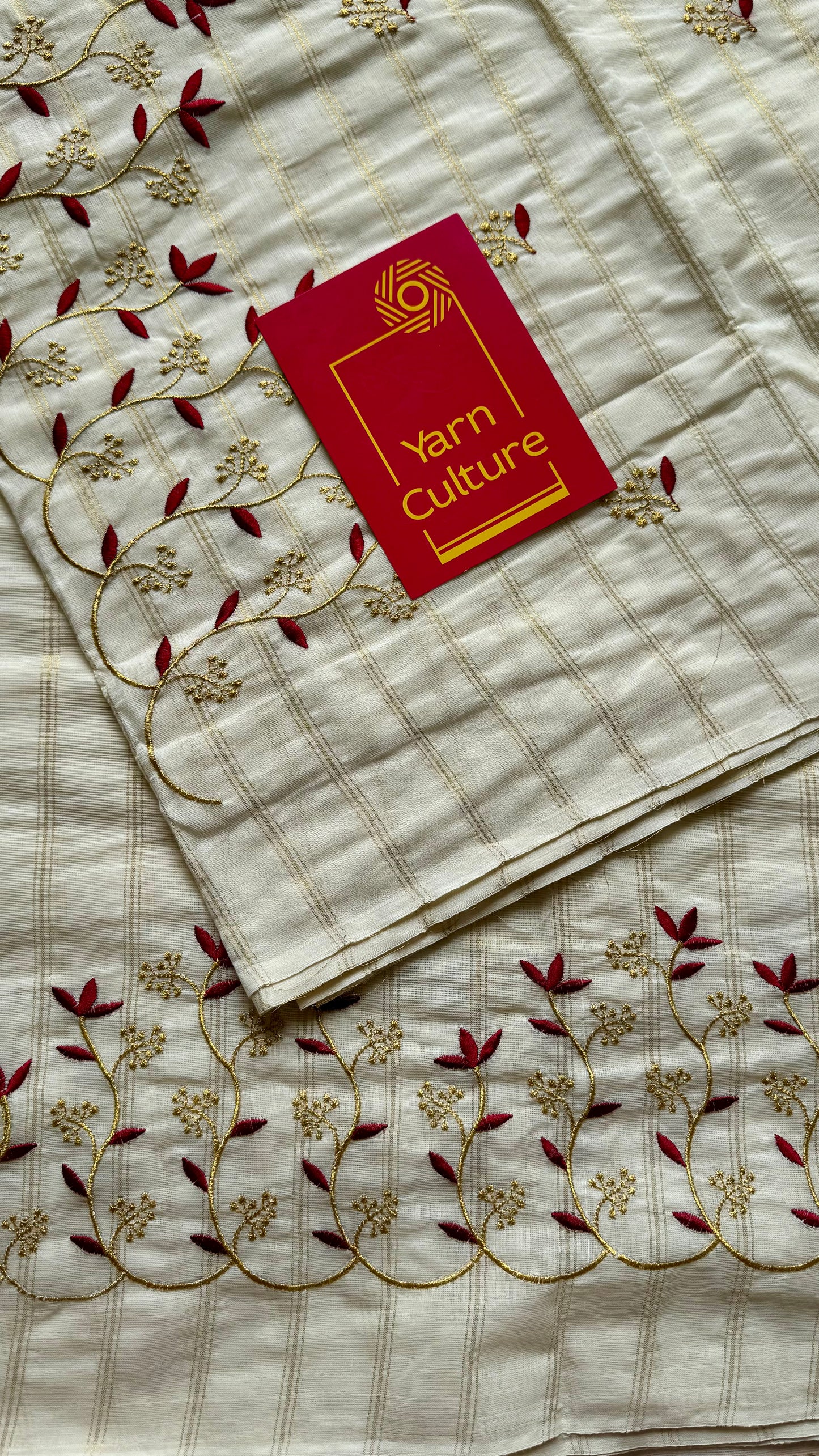 Ivory and gold soft cotton saree, maroon floral vine embroidery  - YCIEON58