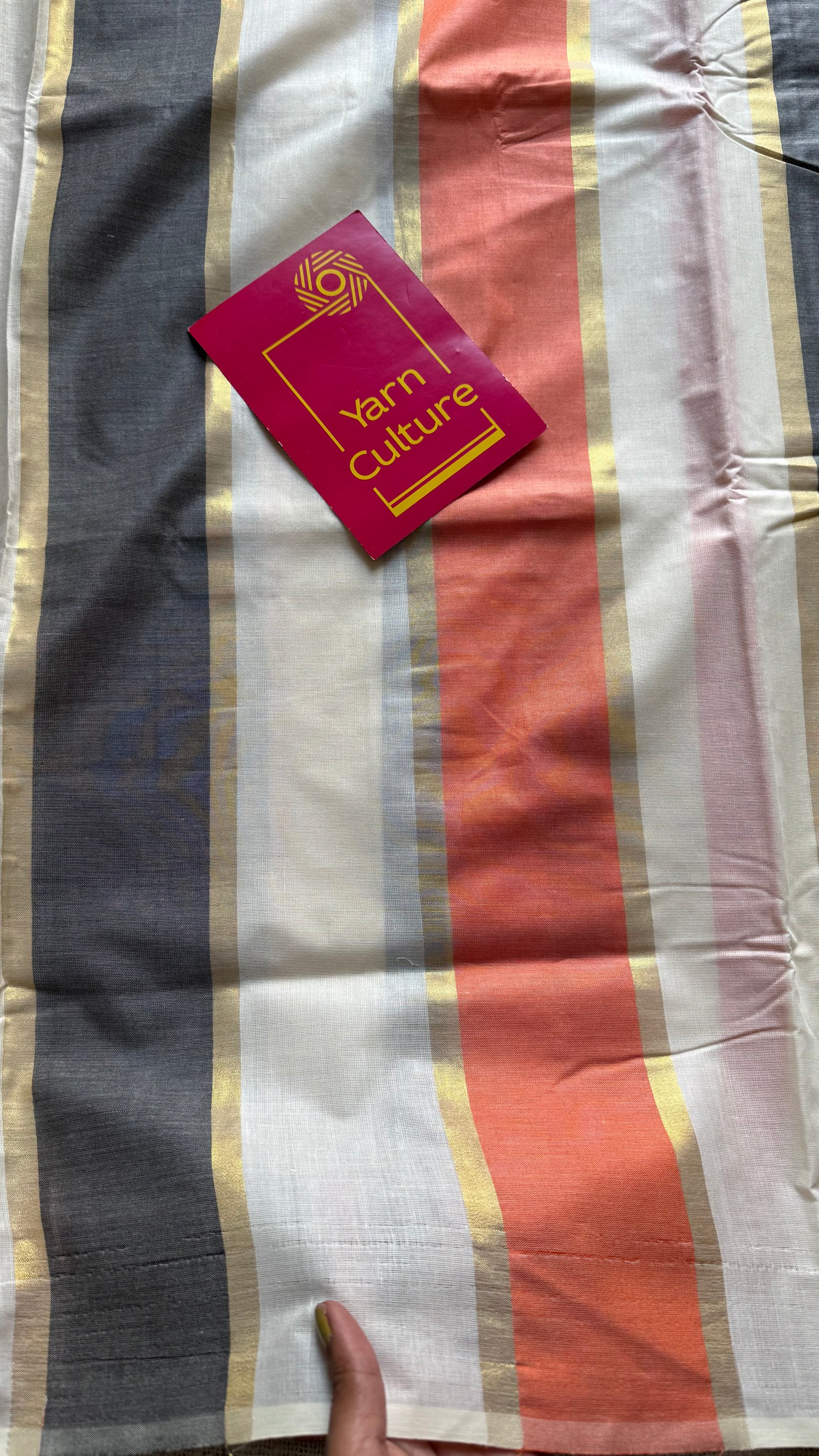 Ivory Kerala cotton saree with peach and dark grey stripes - YCIEKCFE305
