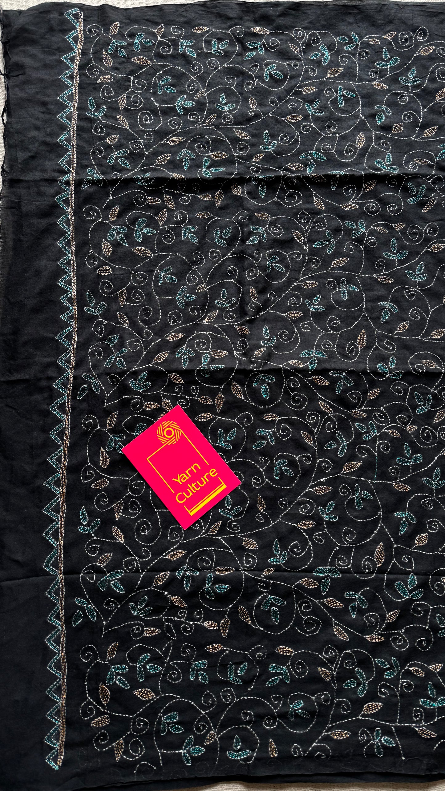 Embroidered black kantha weave in soft cotton - YCBCKKJA146