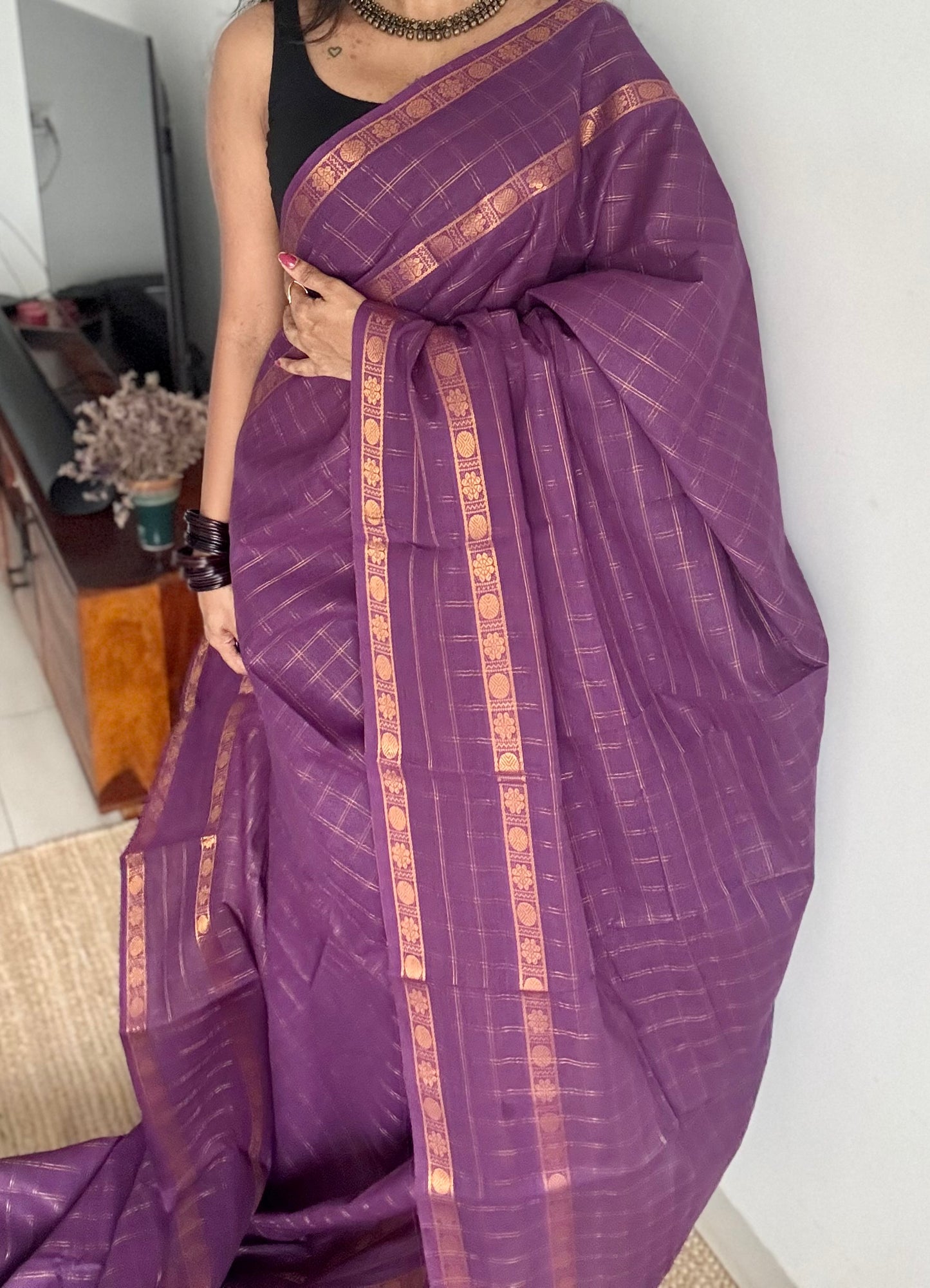 Purple adayar gold zari kattam, sungudi cotton - YCCOTNOCSC49