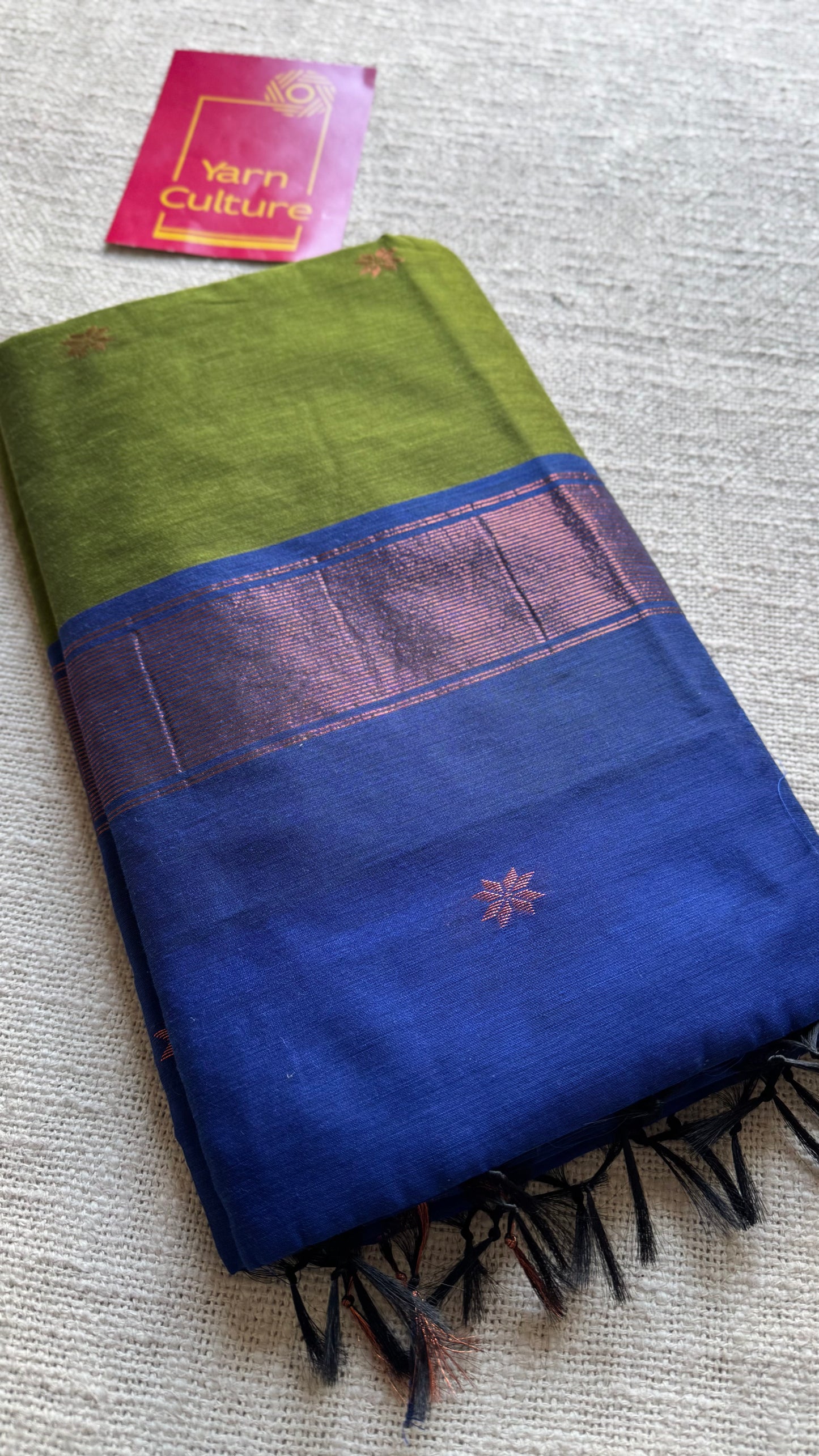 Parrot green with blue, copper zari buttas, semi maheshwari cotton silk - YCCOTNCSDE90