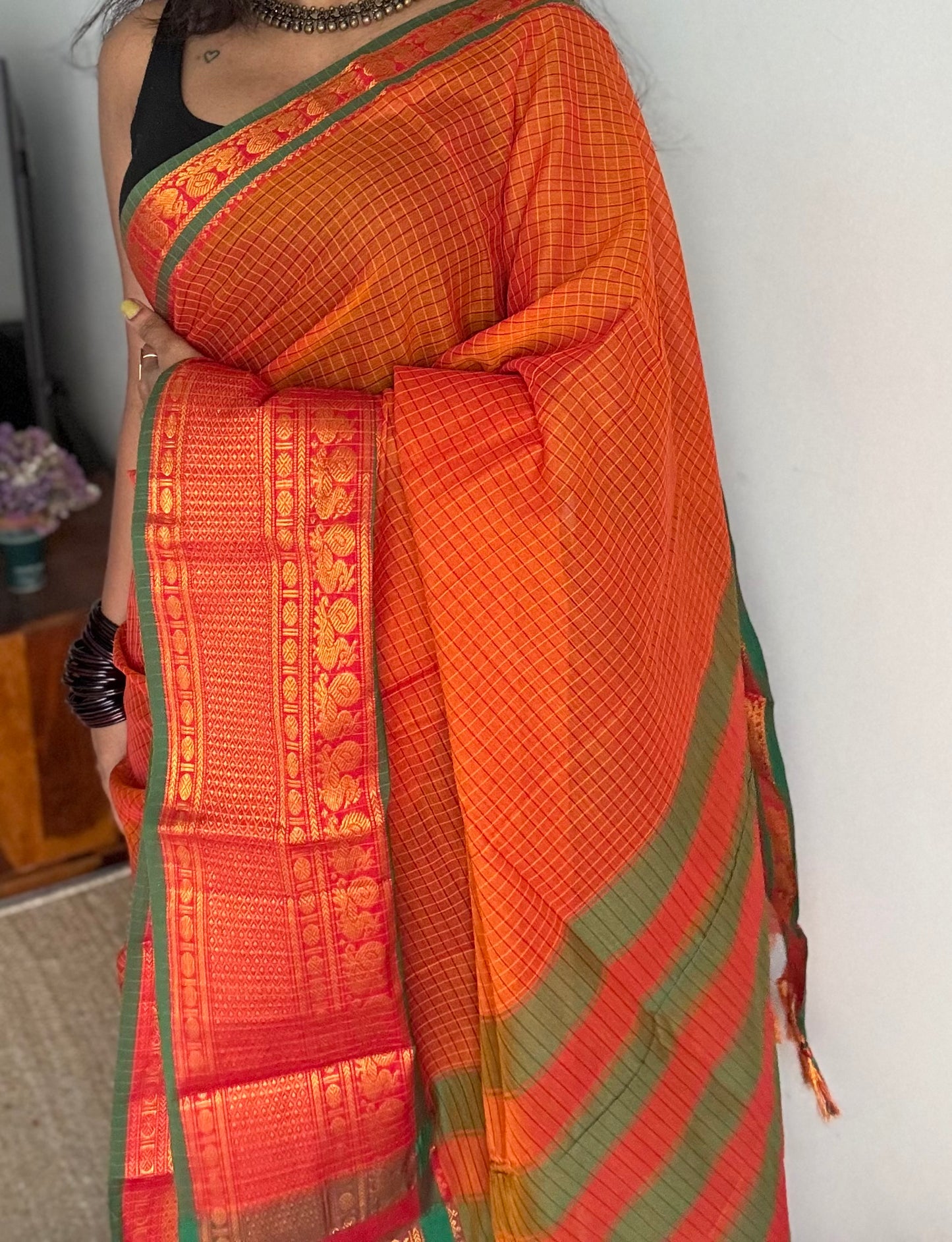 Orange checks with green zari border, premium narayanpet, soft cotton - YCWOTDNPCFE22