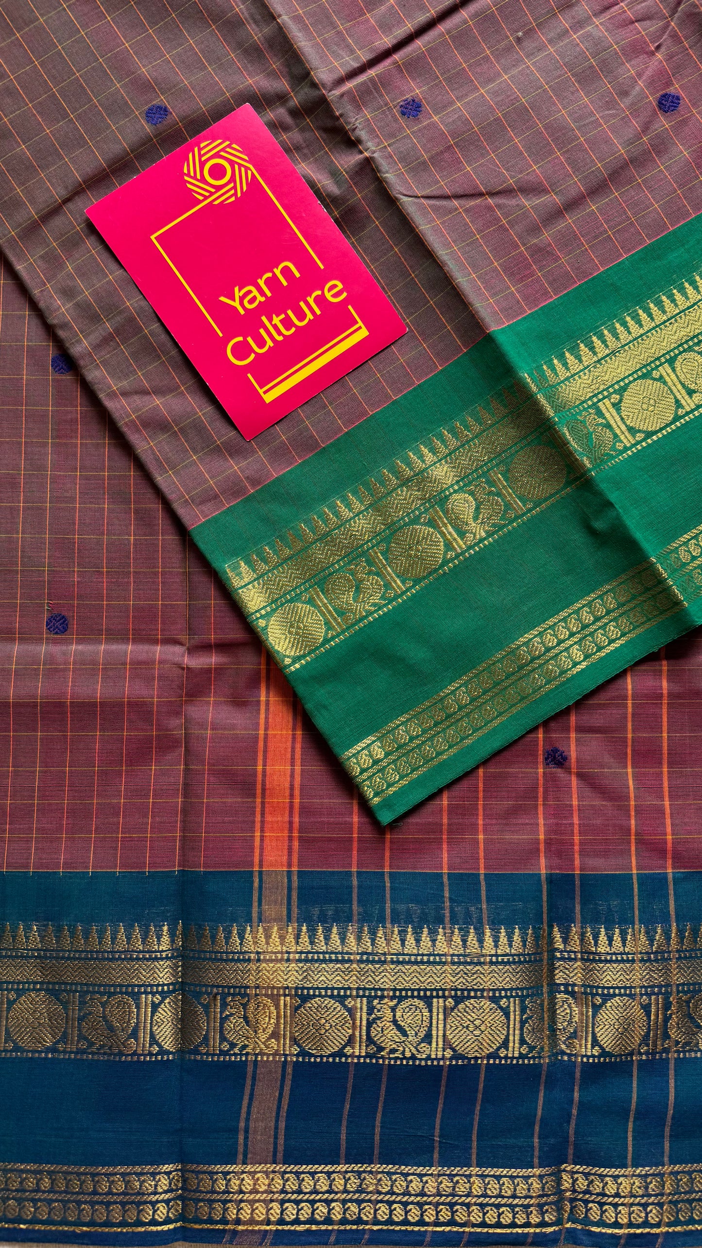 Kanchi cotton saree, light brown checks with green and peacock blue dual toned border - YCCOTNAP77