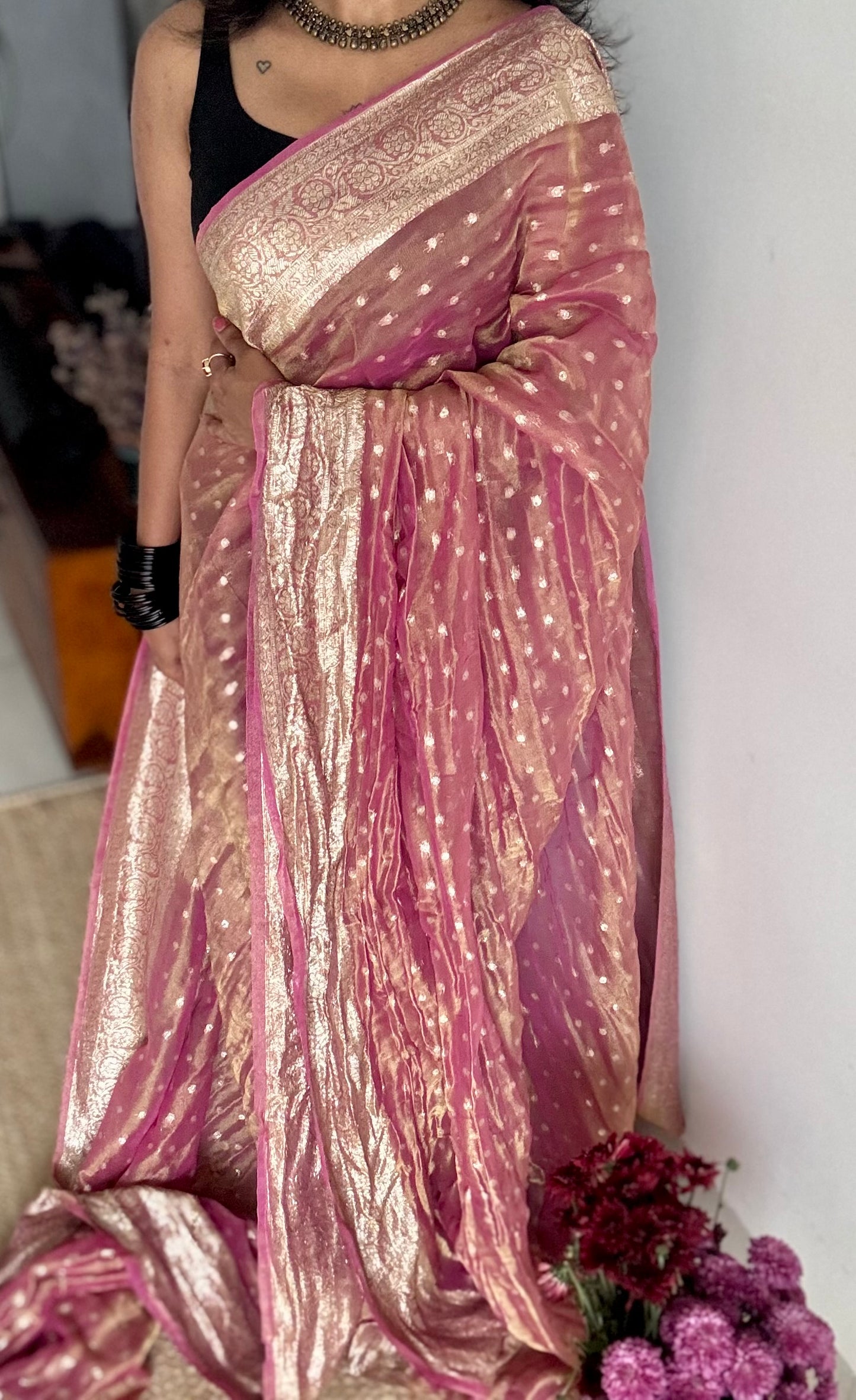 Magenta pink with gold double tone, soft crushed tissue, thread zari - YCDOSFEJUTB01