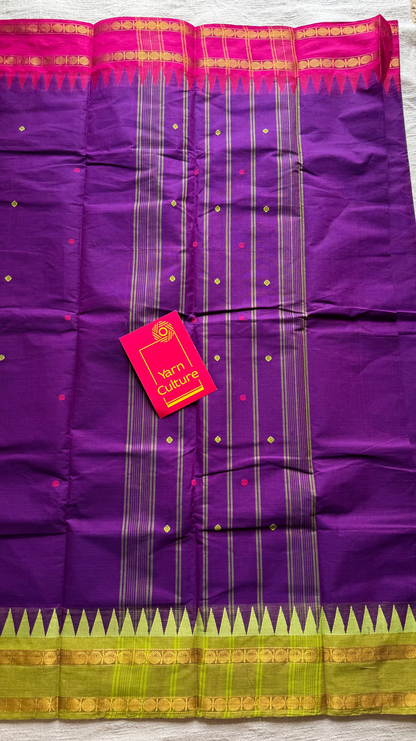 Kanchi cotton saree, purple with hot pink and lime green dual border - YCCOTNAP98