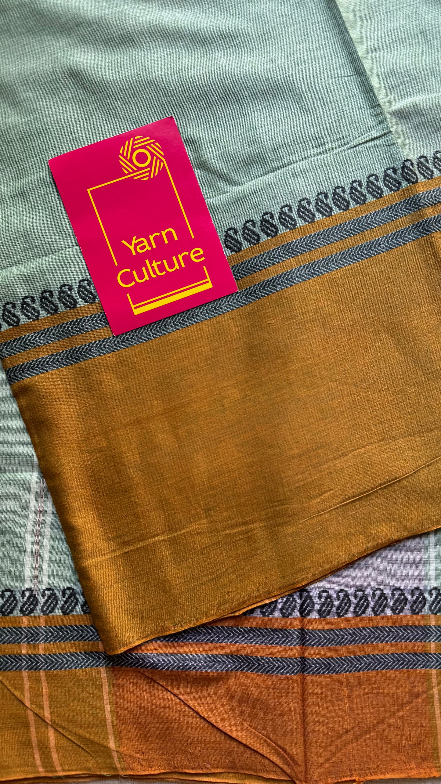 Dhonekhali handloom soft cotton saree, sage green with light brown border - YCBCDFE255