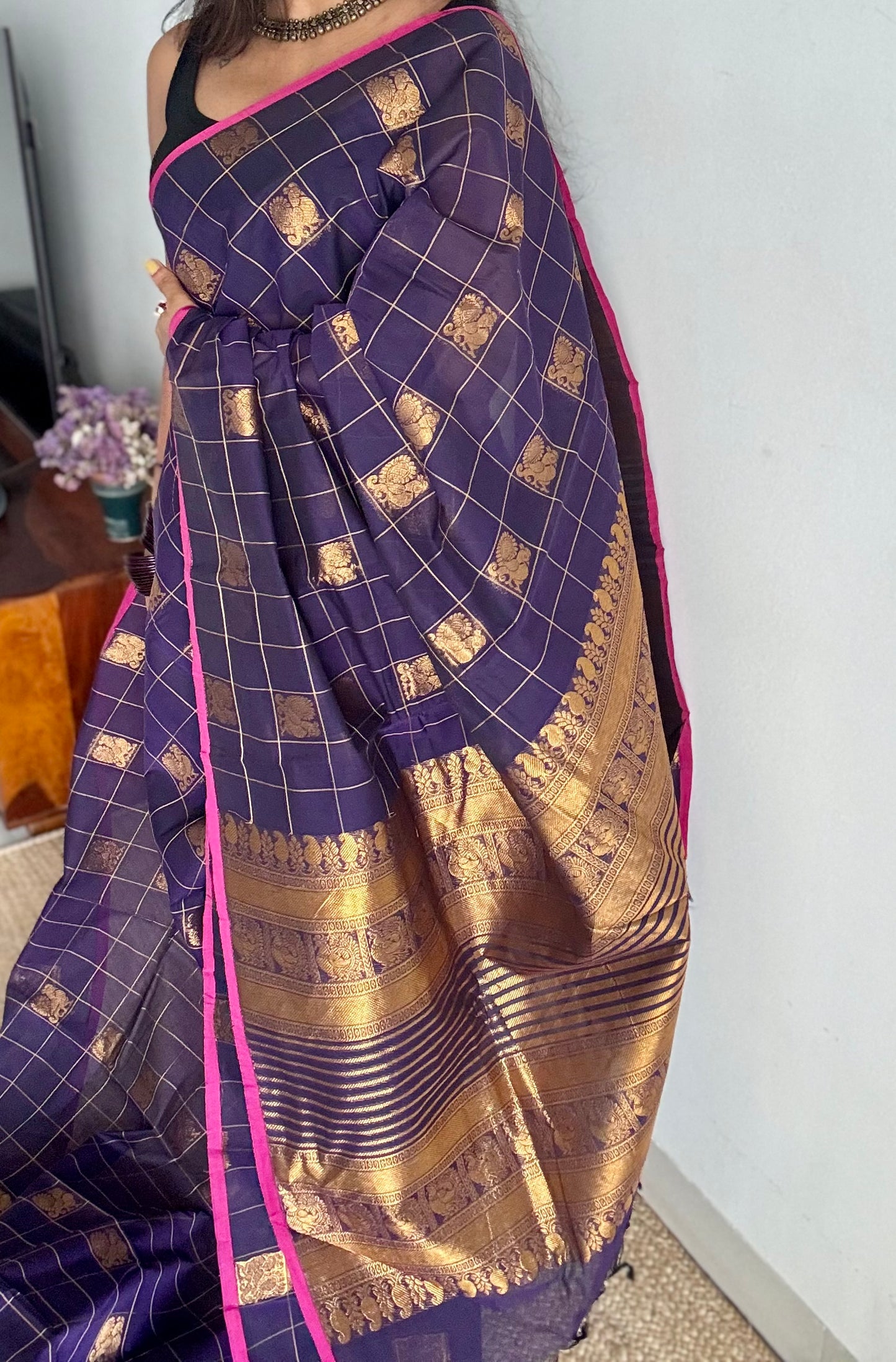 Dark navy blue dual tone checks with peacock motifs, kanchi cotton saree - YCCOTNKCFE338