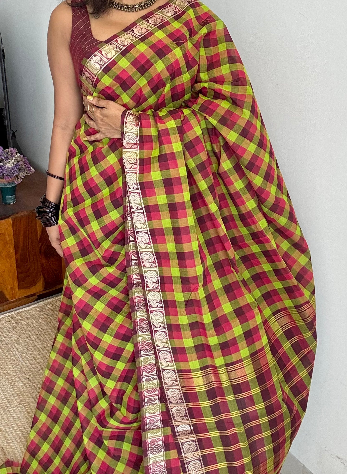 Multicolour Chettinad cotton caree with Paalum Pazhamum checks (Light Green, Green, Maroon & Dark Pink)- YCCOTNCCFE149