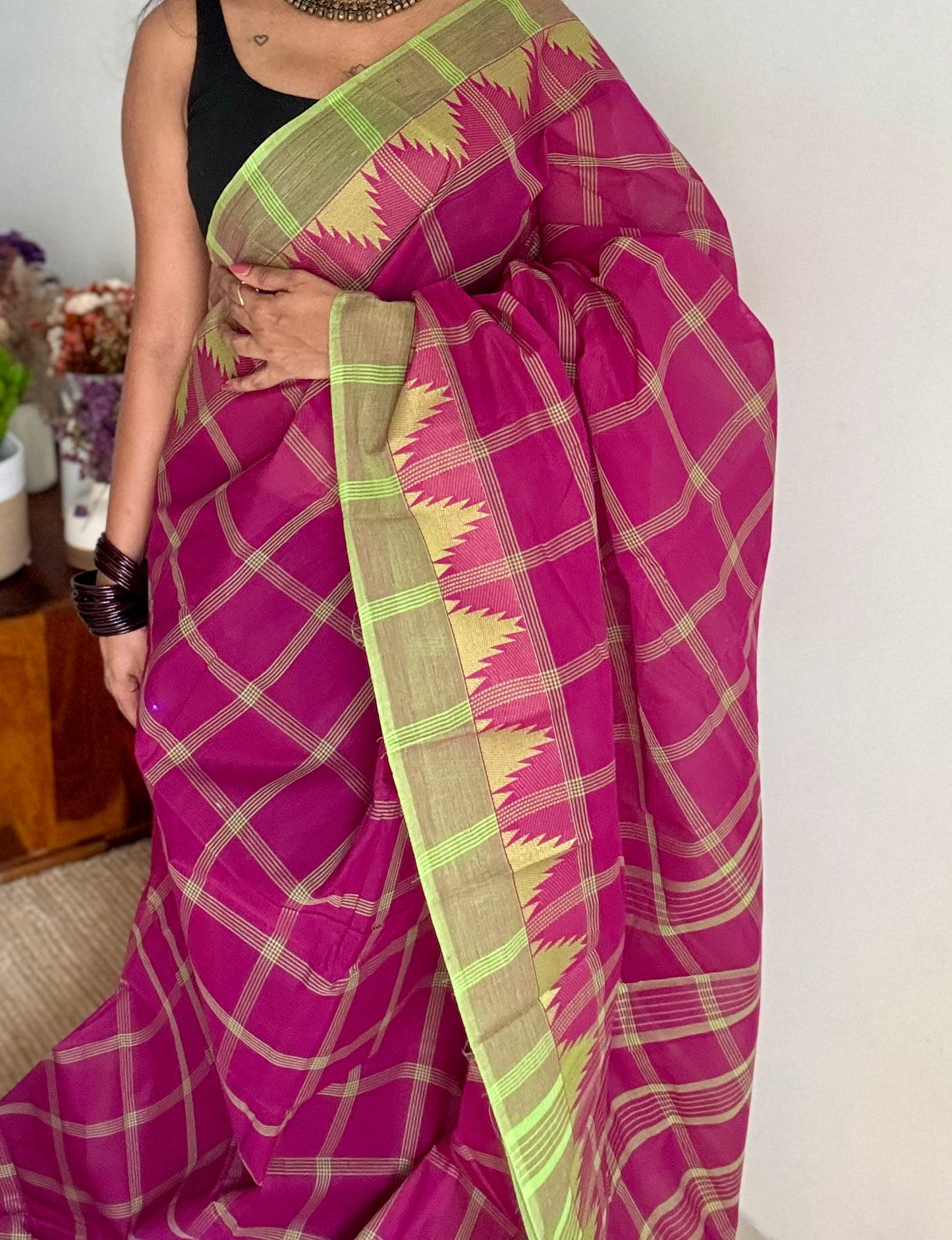 Chettinad cotton saree with magenta and lime green checks, temple motif border - YCCOTNAP69