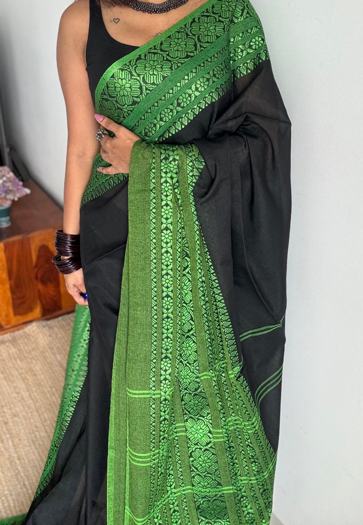 Black with green threadwork, begampuri soft cotton - YCBCBPJA195