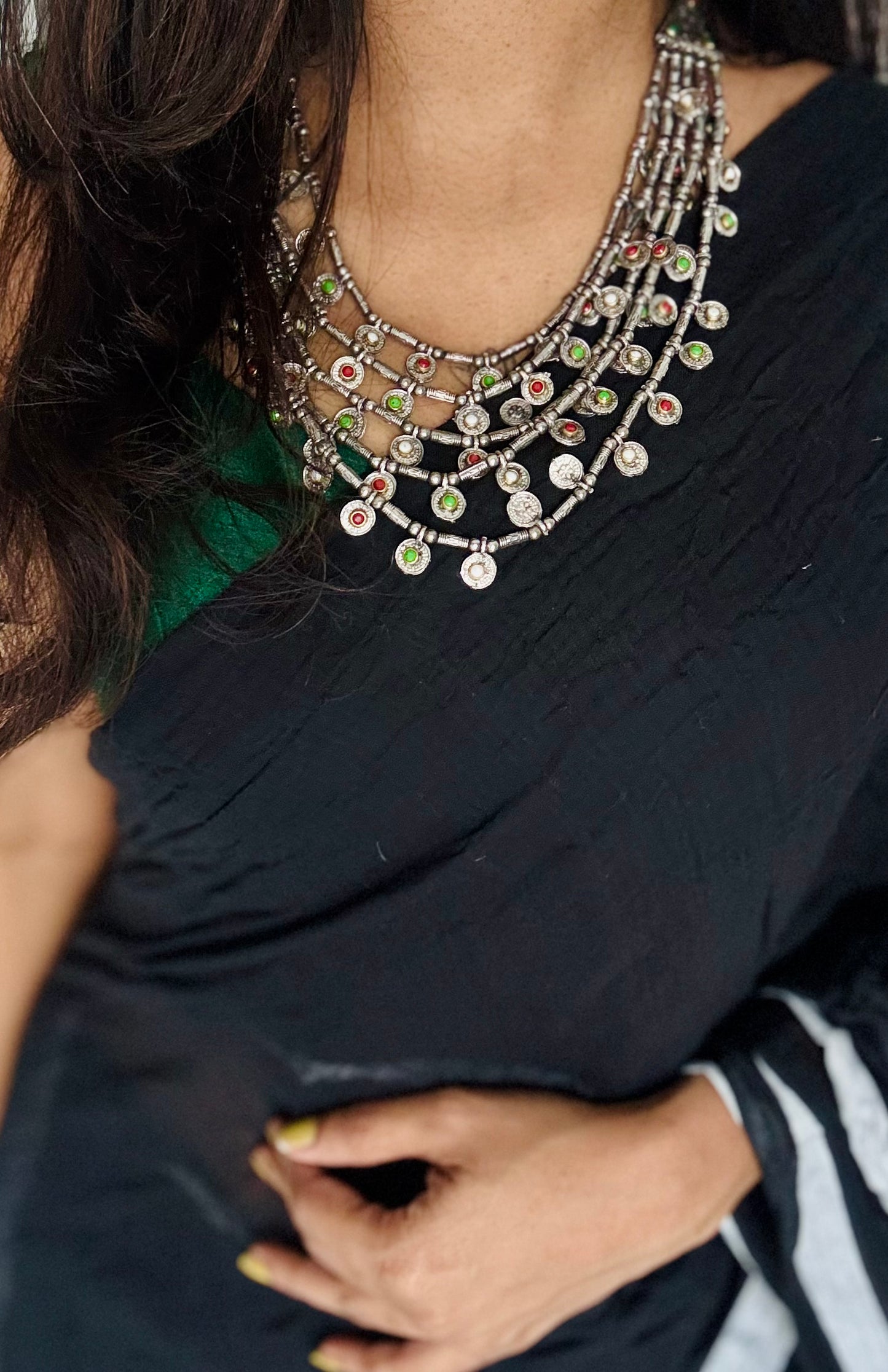 Multilayered coin necklace with coloured stones, oxidised silver - YCOSNP447