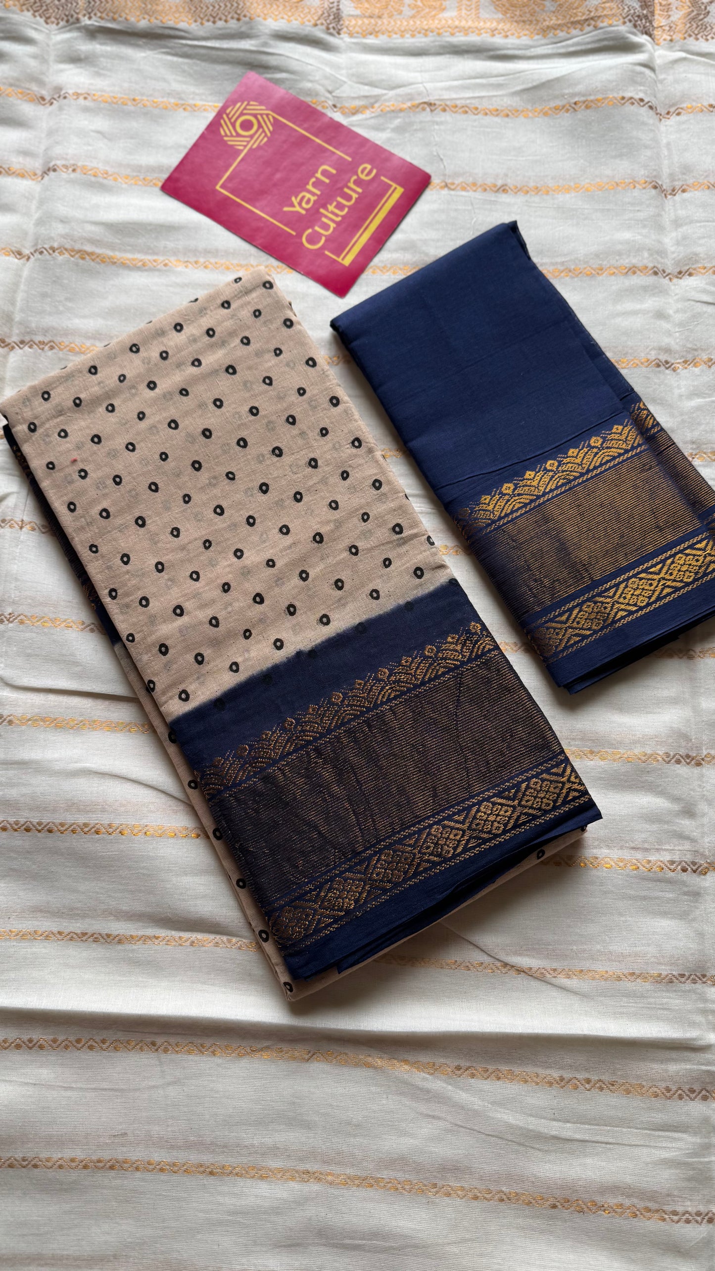 Sandal and dark blue with antique gold zari border, kattuchayam dyed madurai cotton saree - YCCOTNMSJUL12