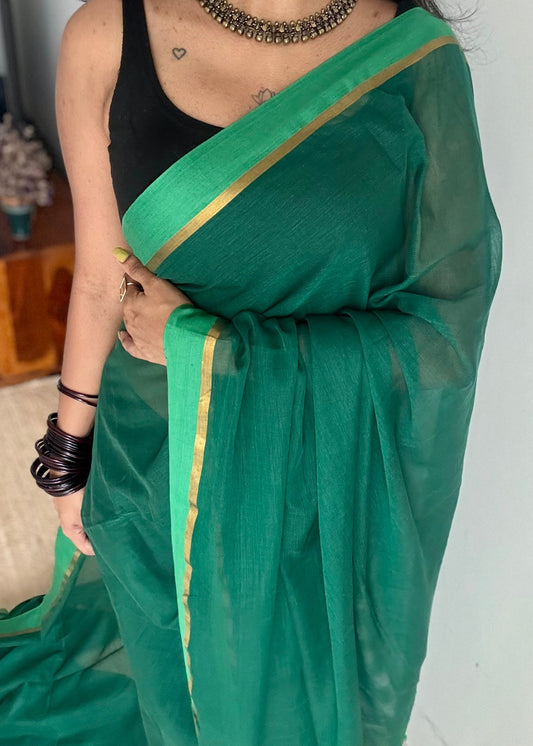 Dark green with light green contrast border, gold zari line - YCBCMCLSE09