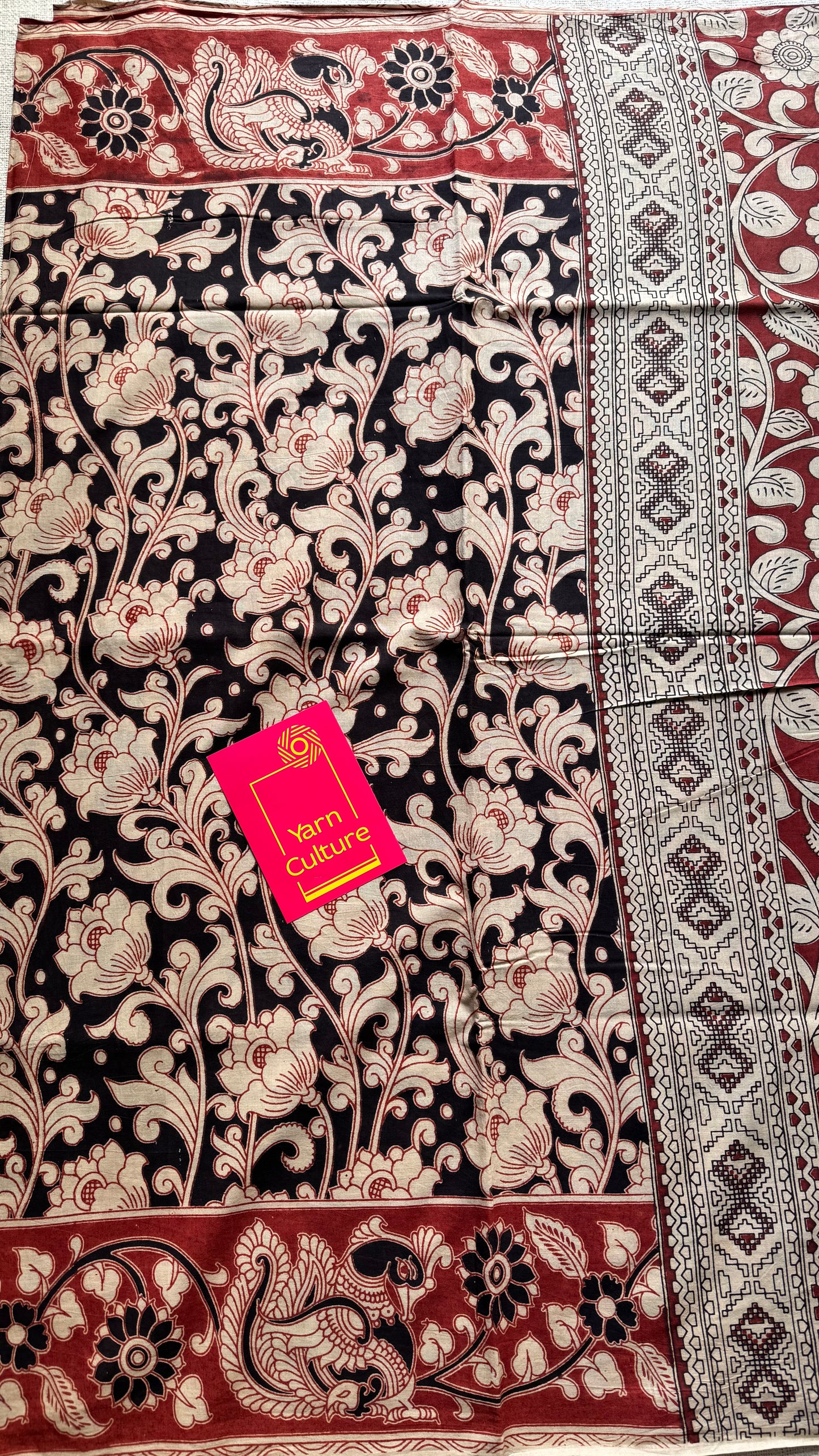 Black with beige and brick red kalamkari, floral vines, soft cotton - YCWOTDOCMP85