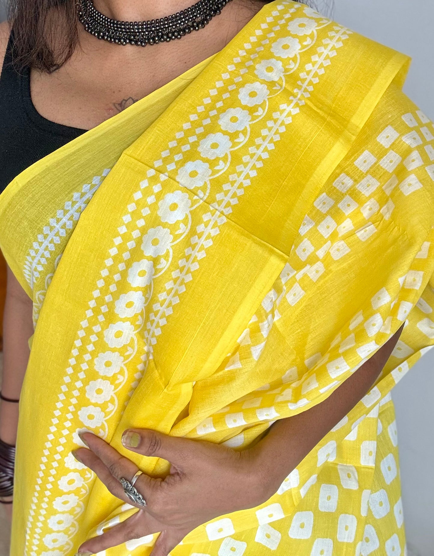 Yellow with white prints, soft cotton saree - YCTORCMA03