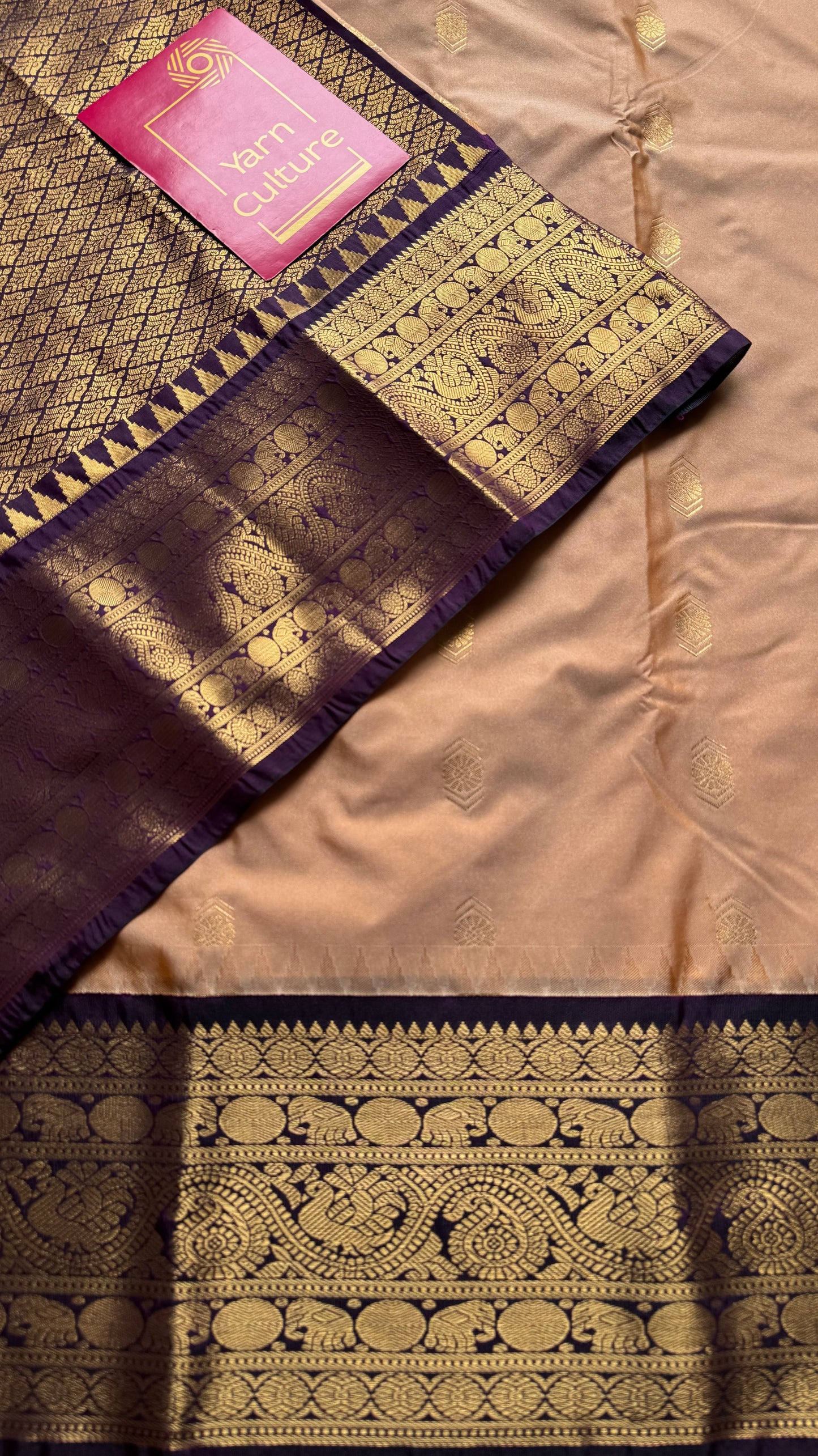 Mohini - beige with deep wine purple, handloom korvai semi silk - YCCOTNFEJUKS06