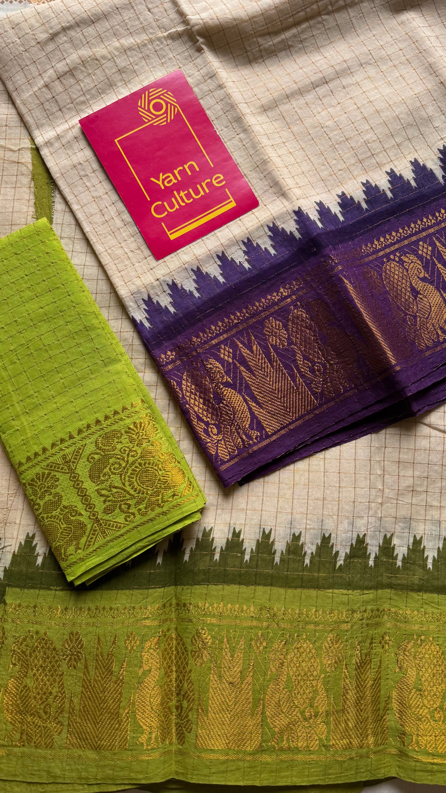 Sungudi cotton checks, ivory gold base, purple and lime green dual tone border, soft cotton - YCCOTNMSJUL08