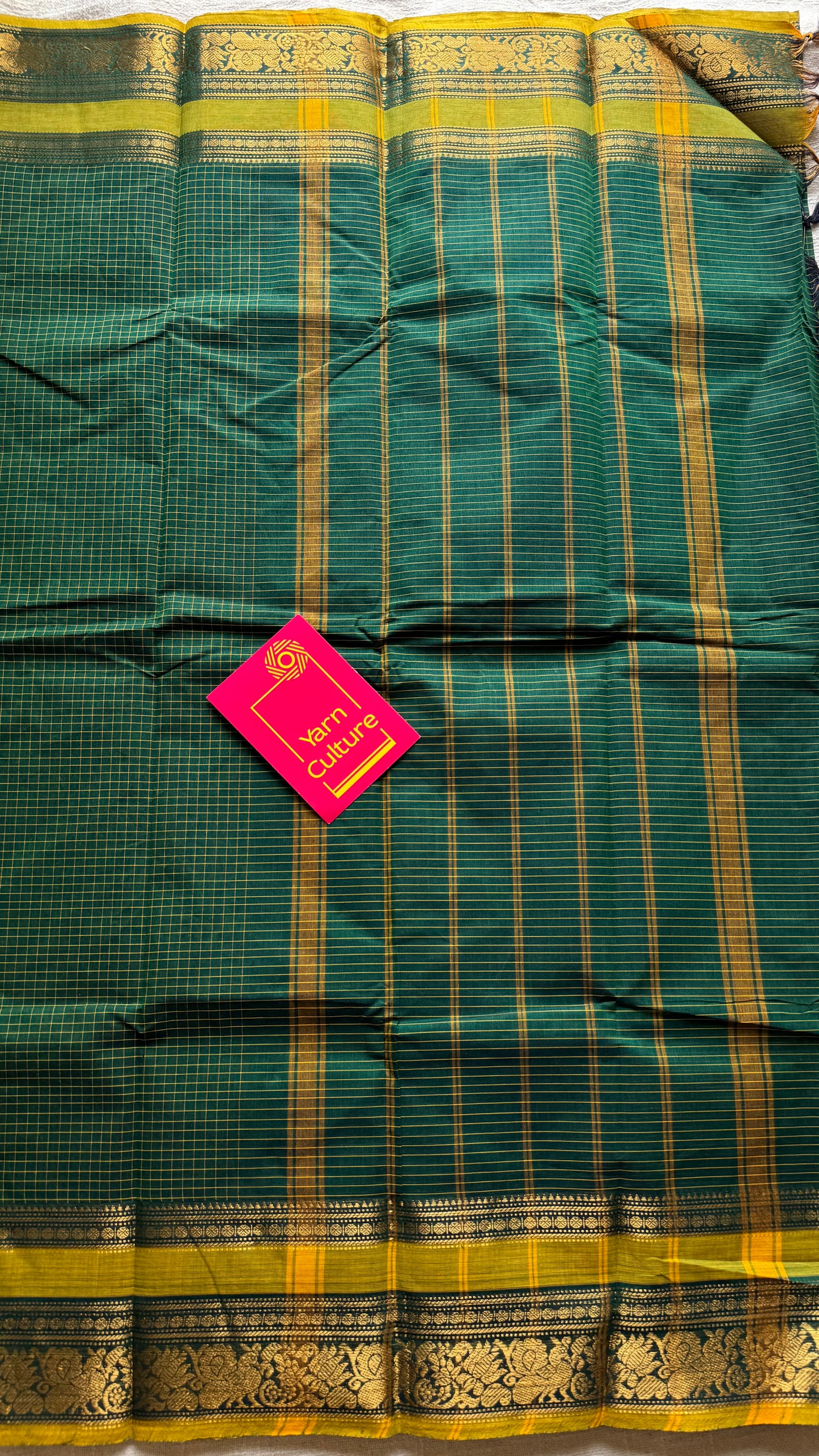 Kanchi cotton saree, green checks with korvai border - YCCOTNAP74